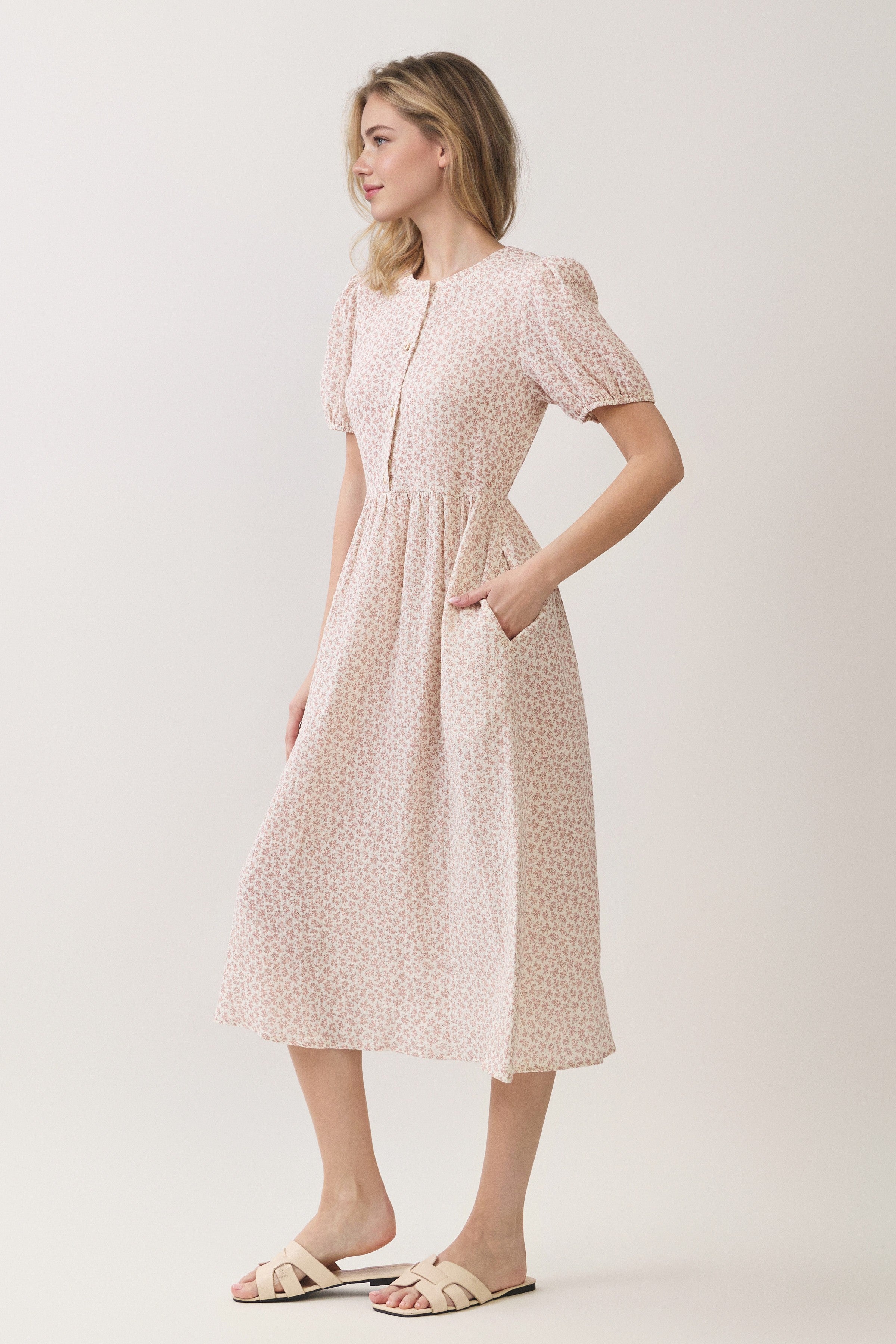 Ditsy Floral Button Front Puff Sleeve Midi Dress