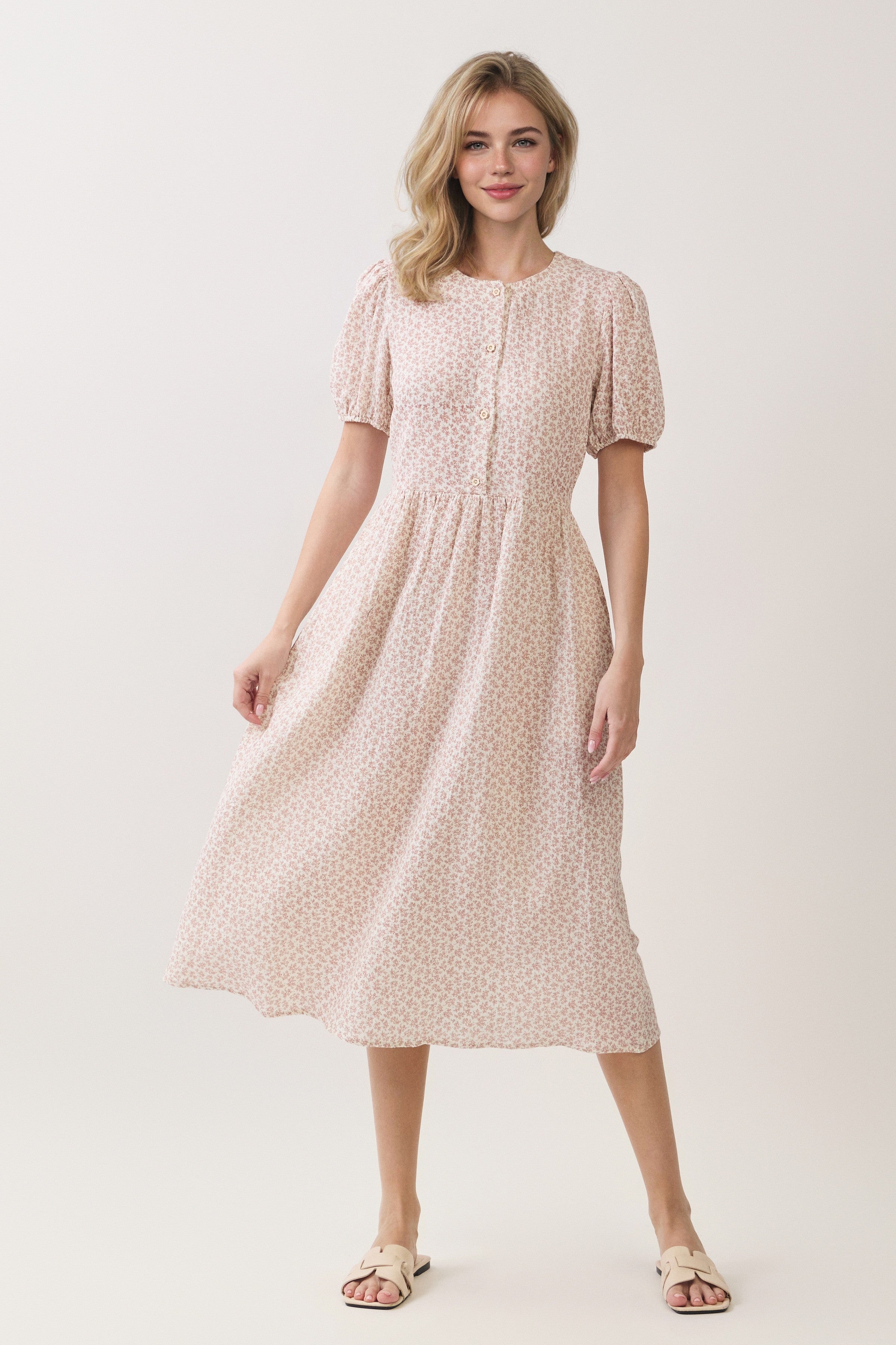 Ditsy Floral Button Front Puff Sleeve Midi Dress