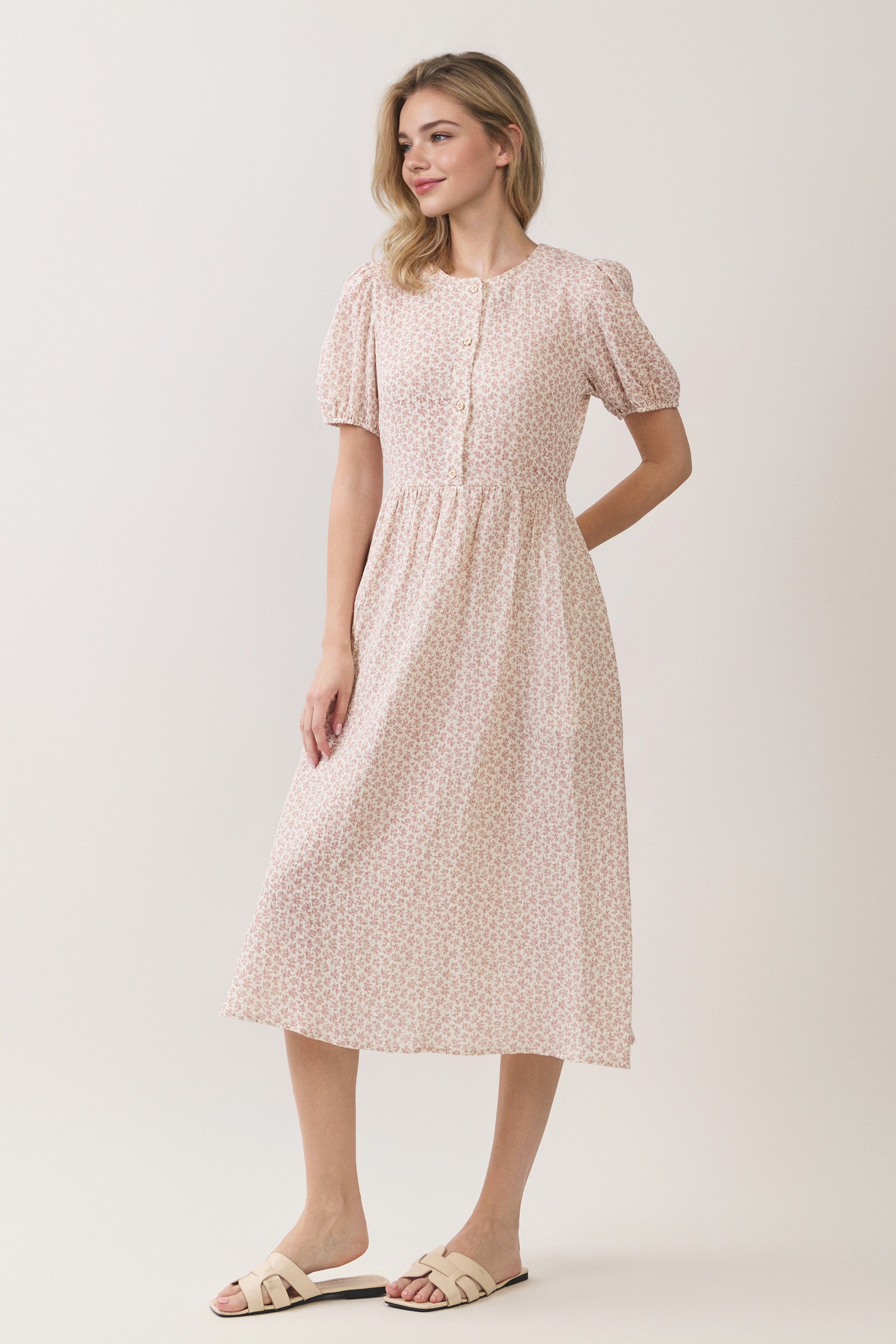 Ditsy Floral Button Front Puff Sleeve Midi Dress