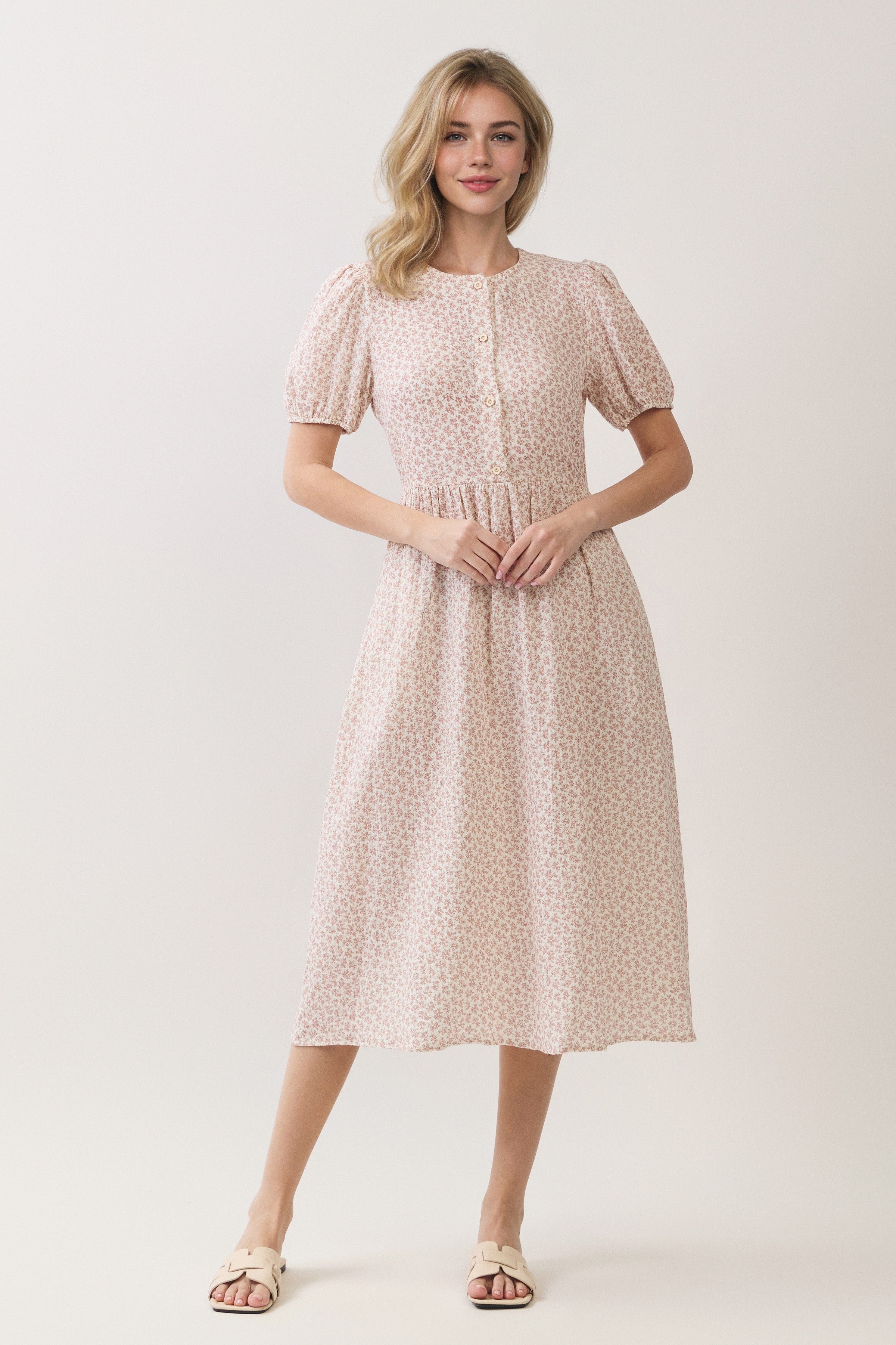 Ditsy Floral Button Front Puff Sleeve Midi Dress