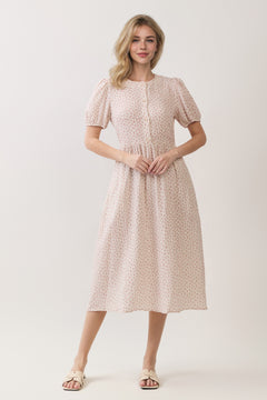 Ditsy Floral Button Front Puff Sleeve Midi Dress