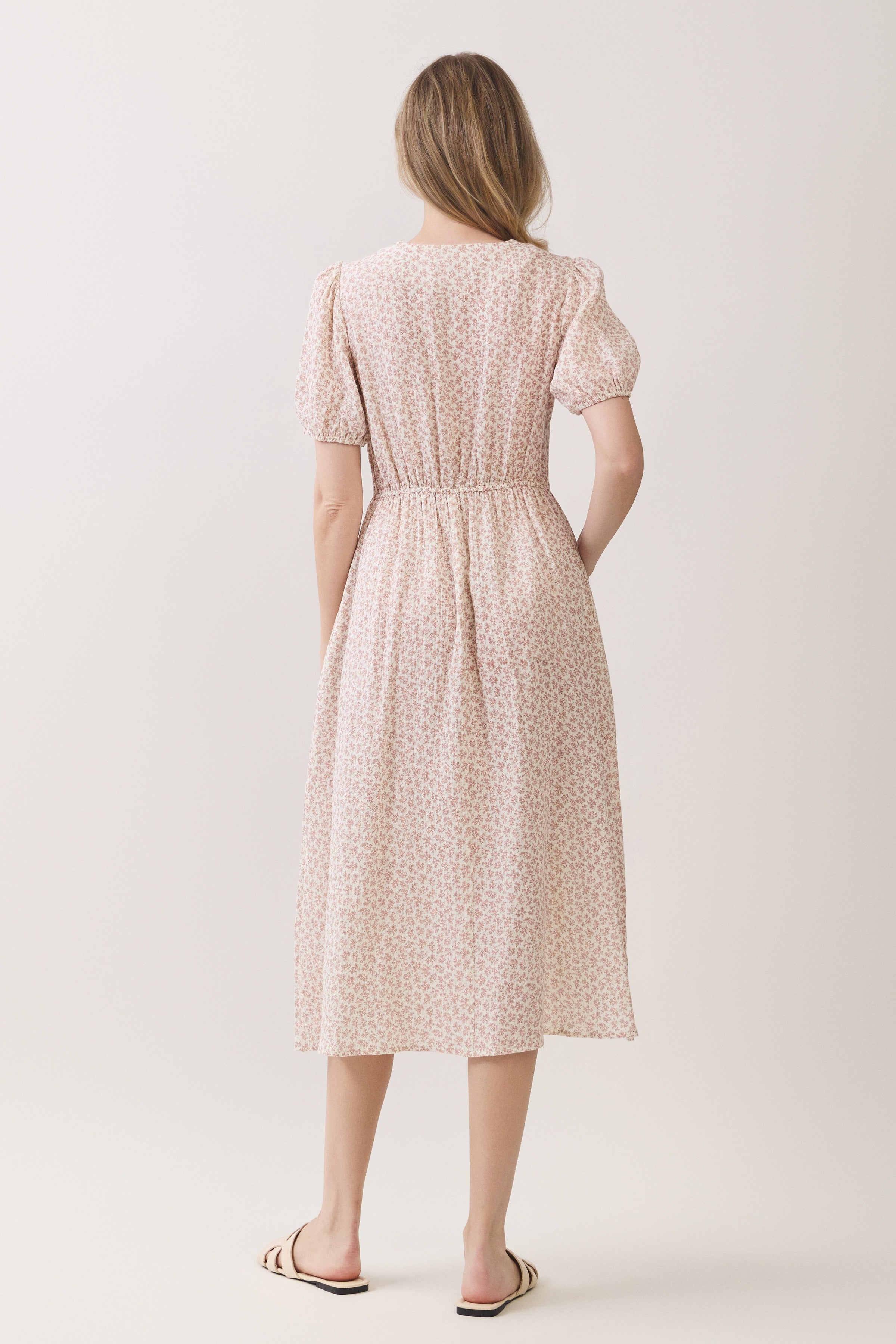Ditsy Floral Button Front Puff Sleeve Midi Dress