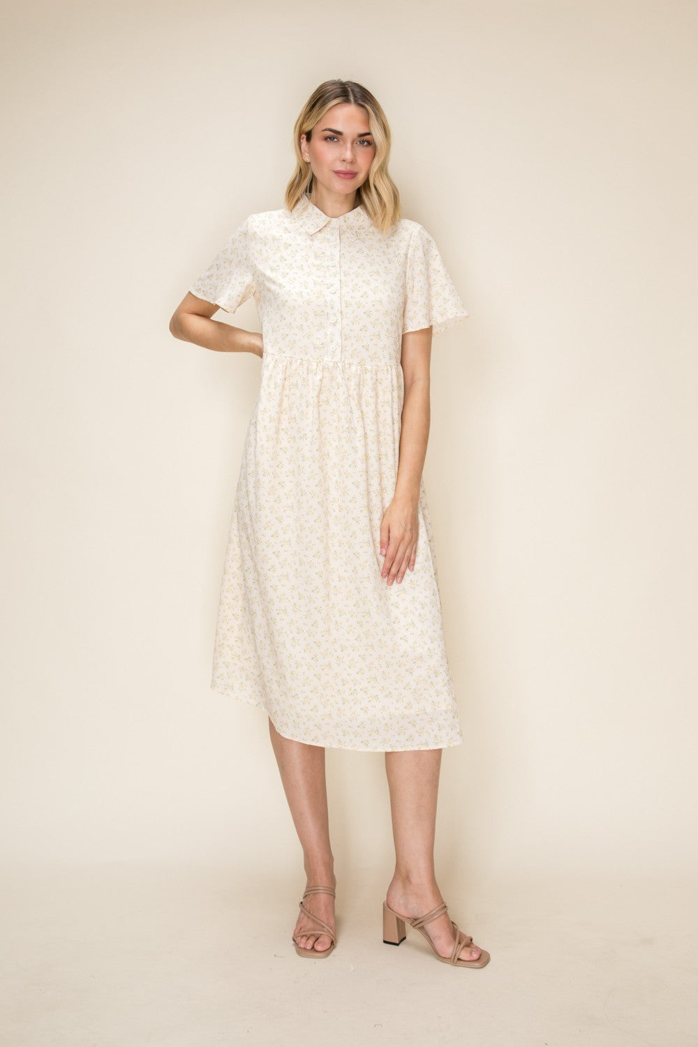 Ditsy Floral Button Front Collared Midi Dress