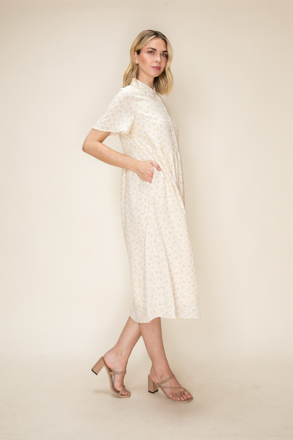Ditsy Floral Button Front Collared Midi Dress
