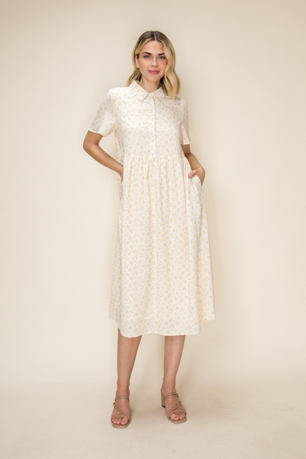 Ditsy Floral Button Front Collared Midi Dress
