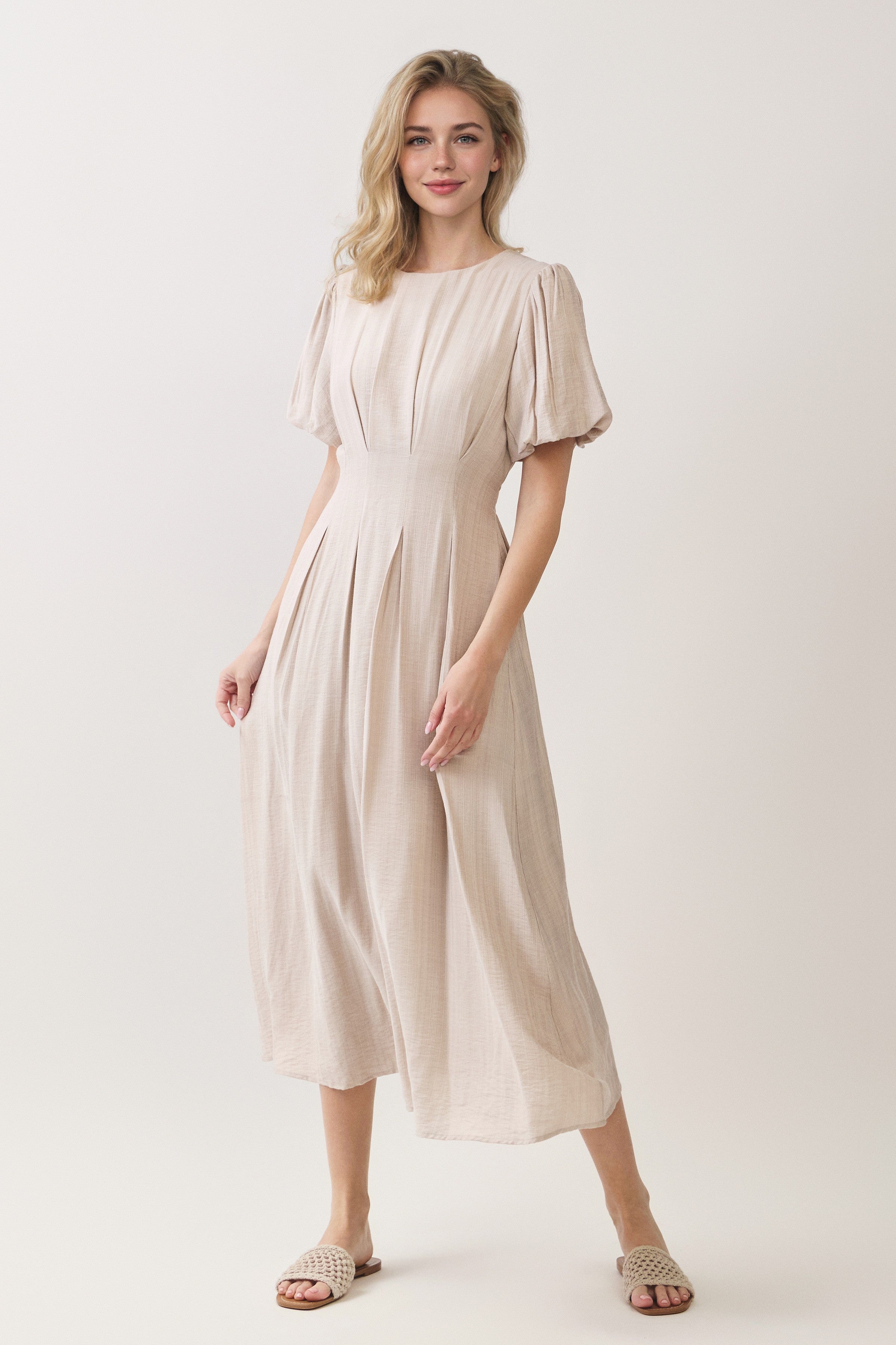 Pleated Waist Puff Sleeve A-line Midi Dress