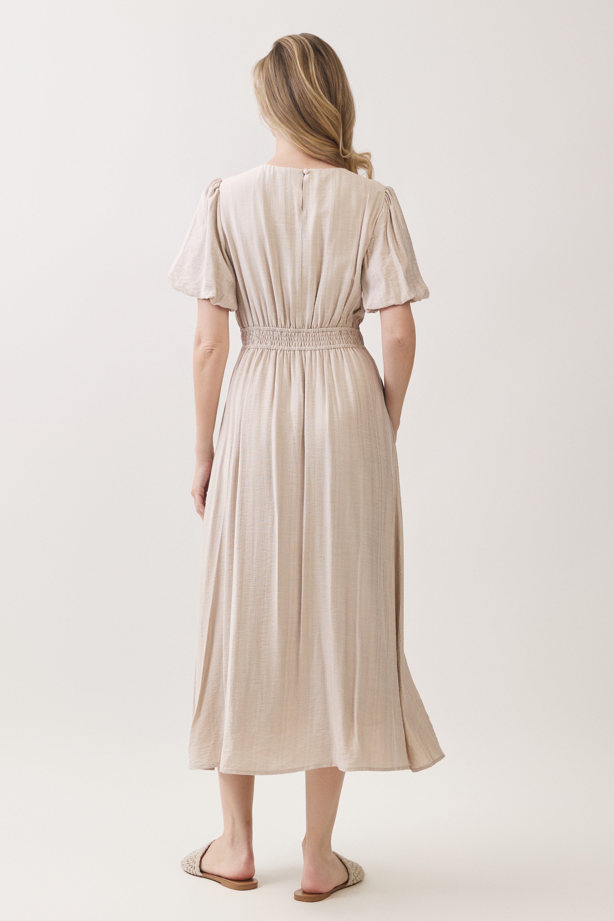 Pleated Waist Puff Sleeve A-line Midi Dress