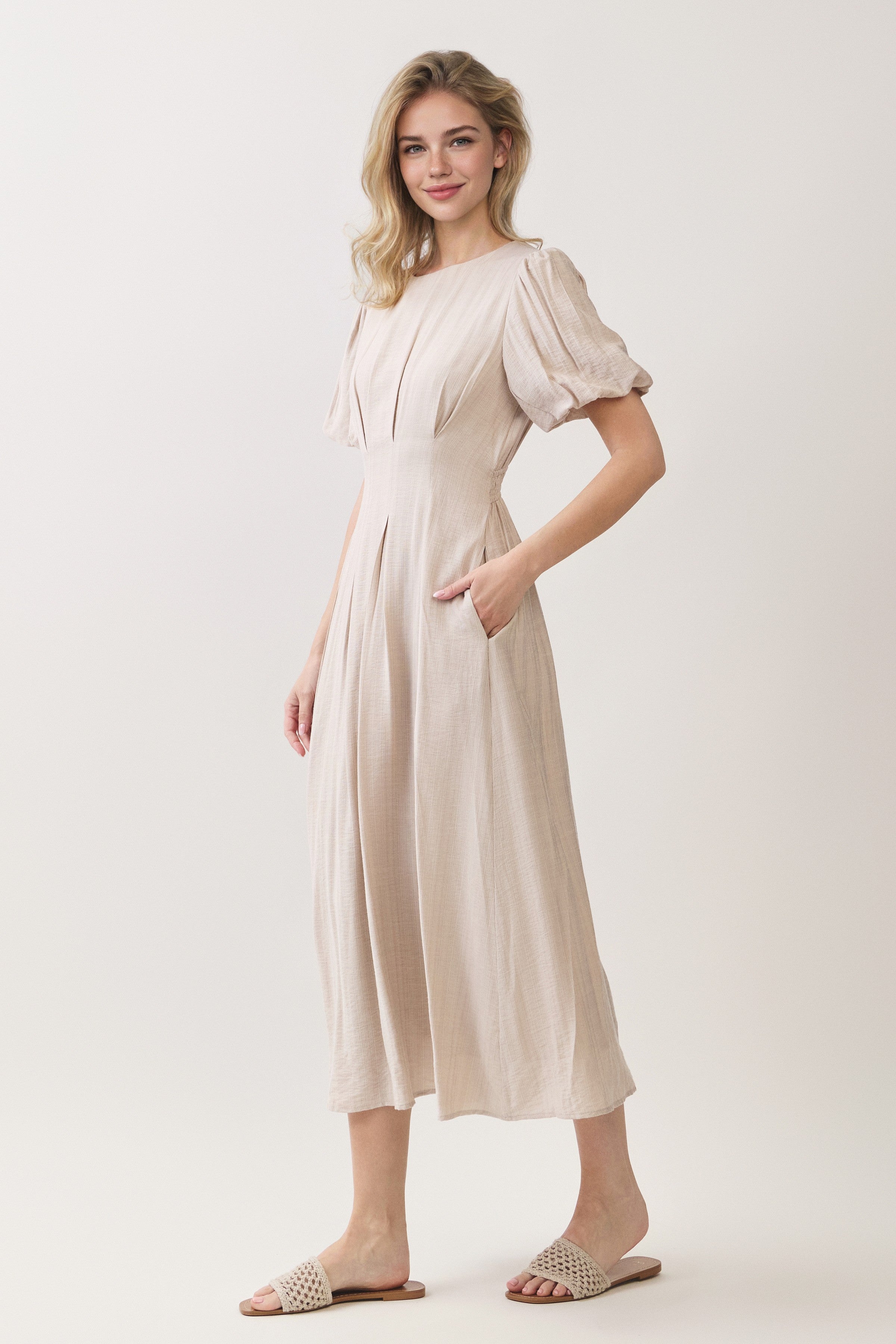 Pleated Waist Puff Sleeve A-line Midi Dress