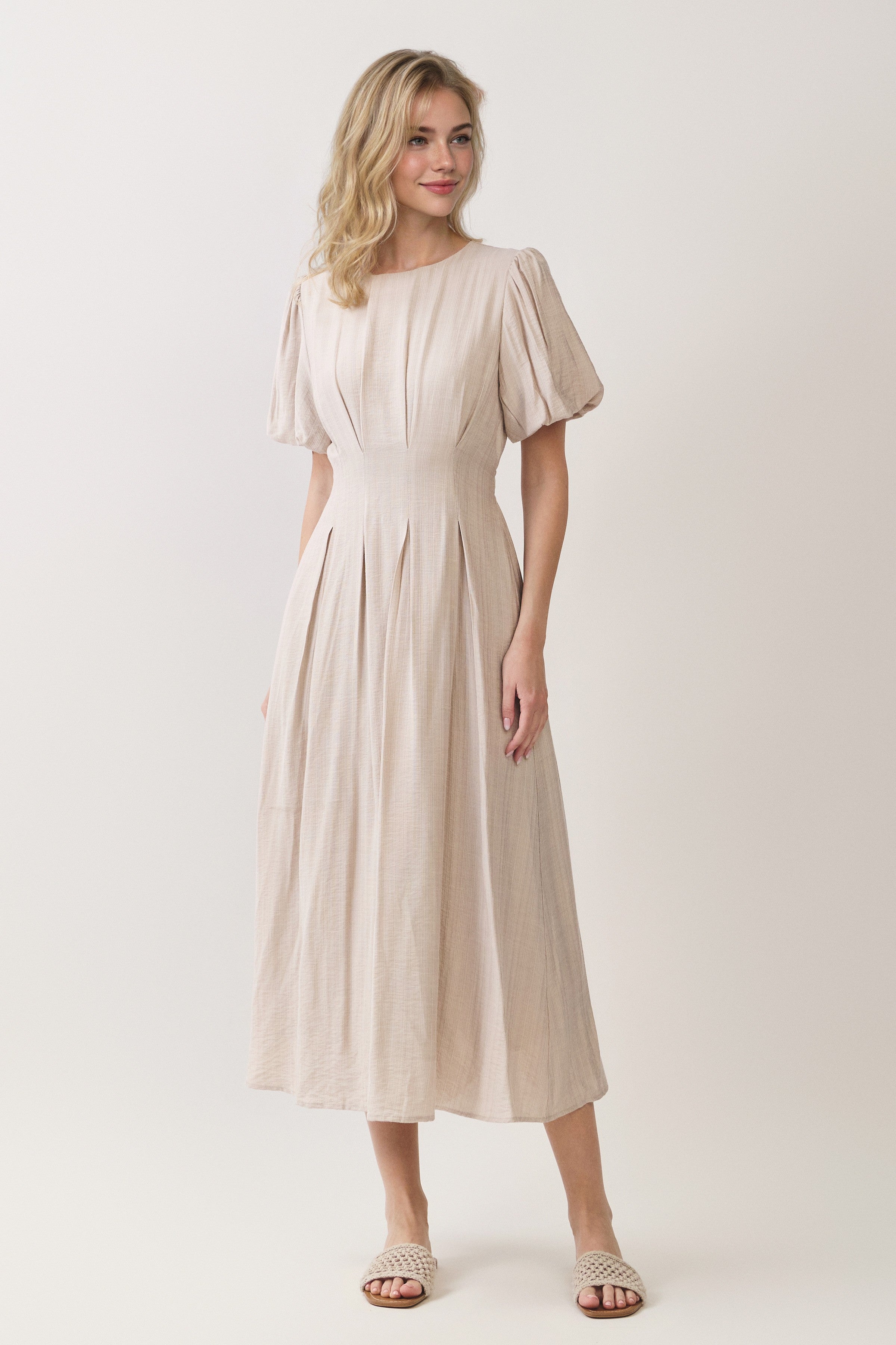 Pleated Waist Puff Sleeve A-line Midi Dress