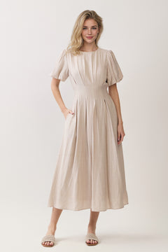 Pleated Waist Puff Sleeve A-line Midi Dress