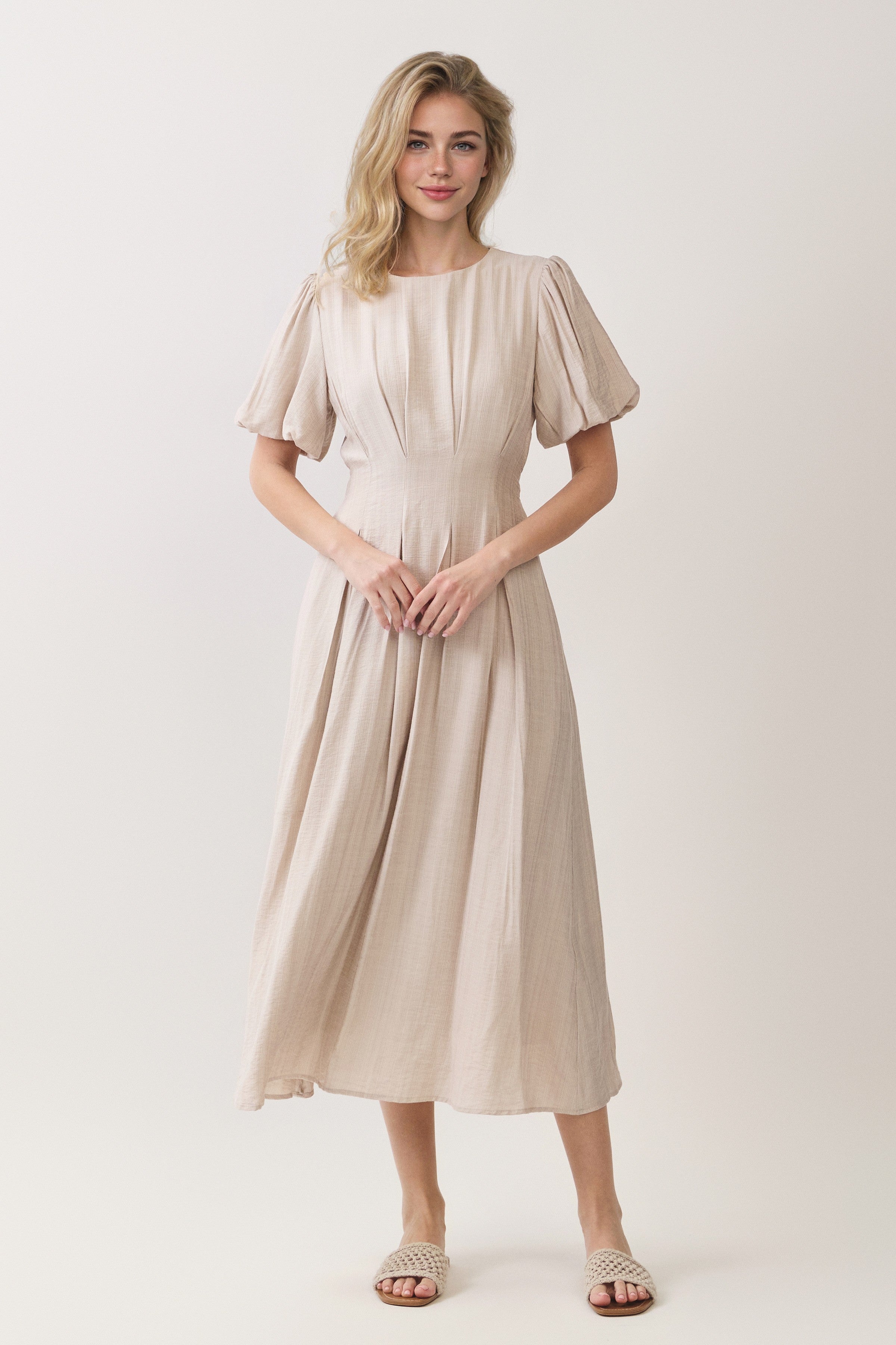 Pleated Waist Puff Sleeve A-line Midi Dress
