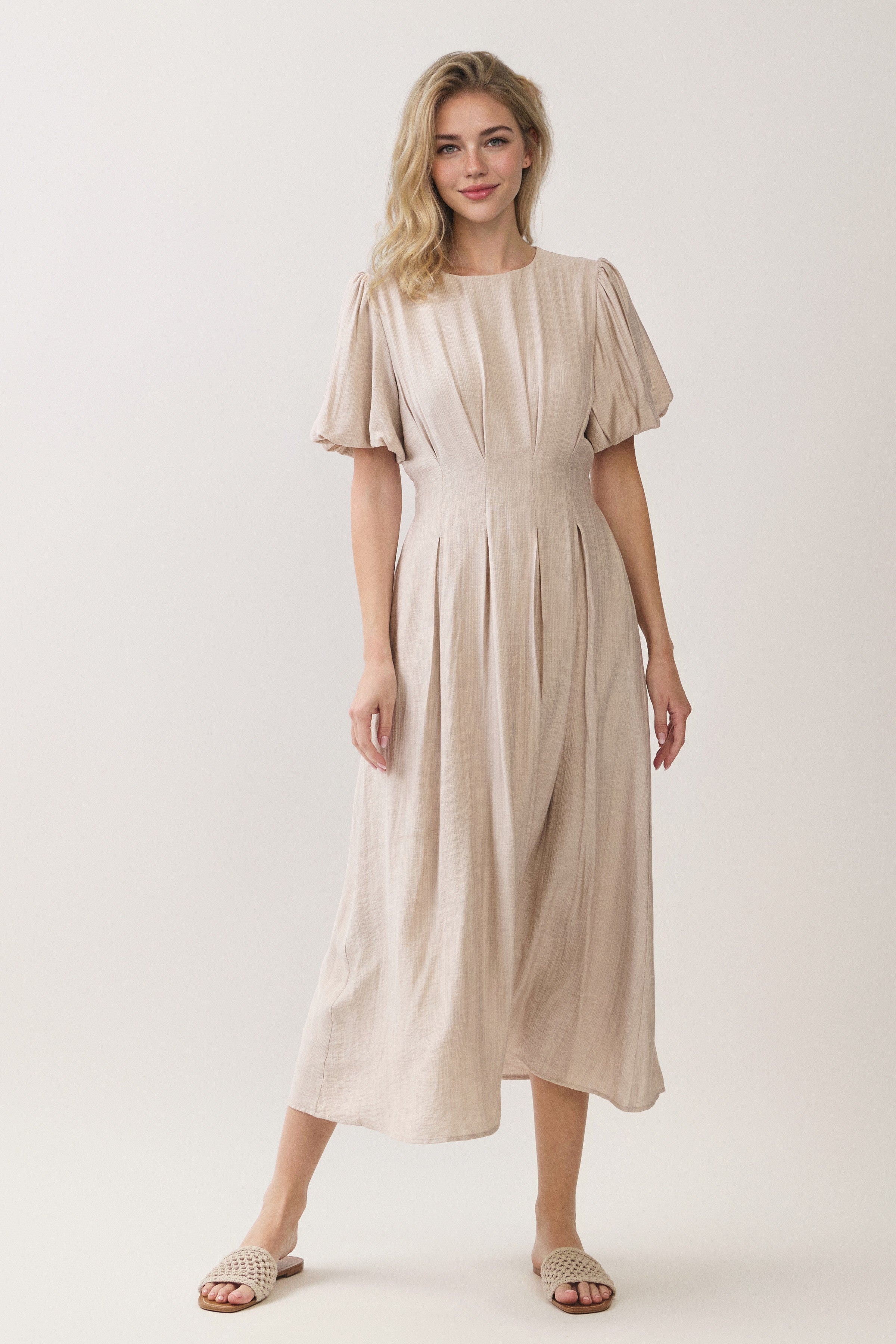 Pleated Waist Puff Sleeve A-line Midi Dress