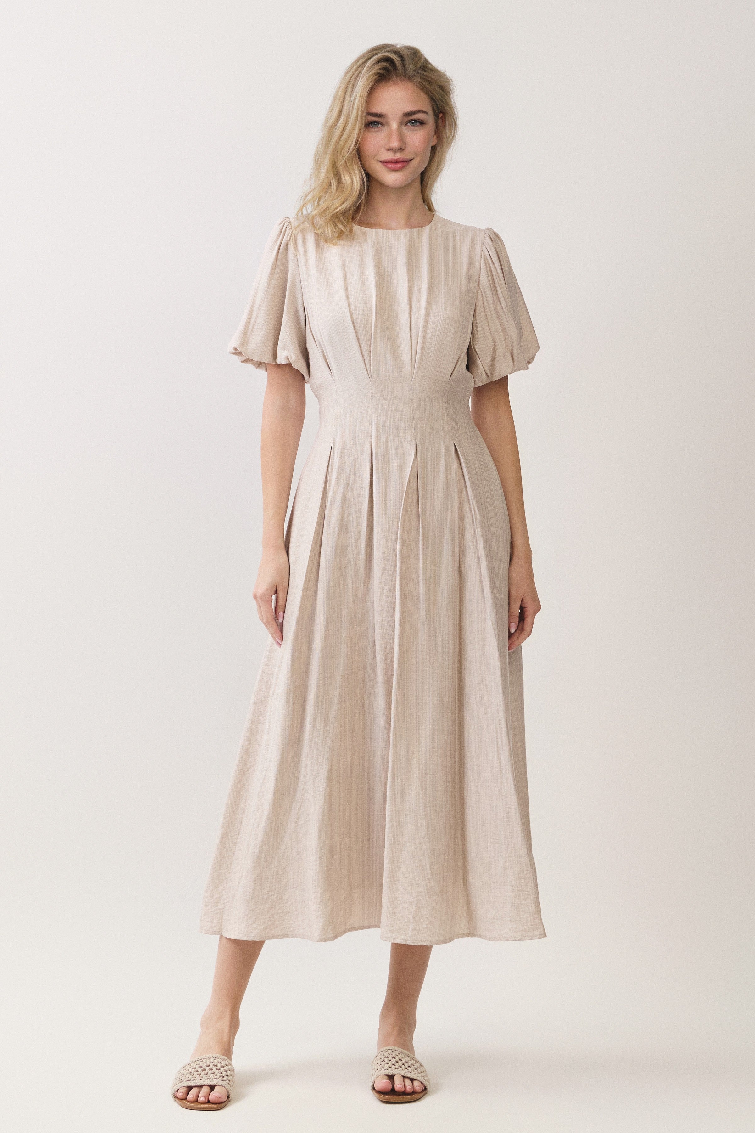 Pleated Waist Puff Sleeve A-line Midi Dress