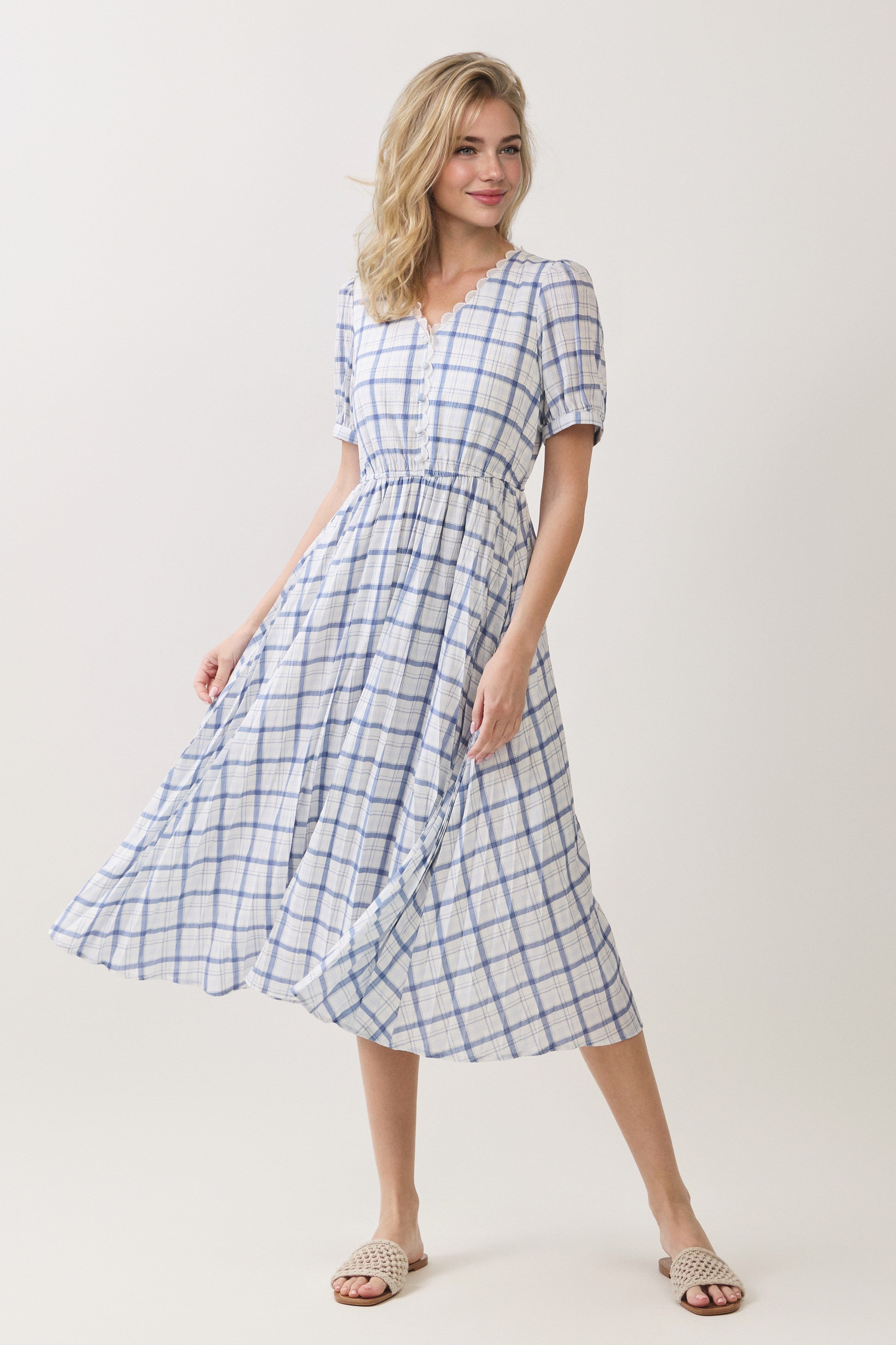 Plaid Scallop Trim Puff Sleeve Midi Dress