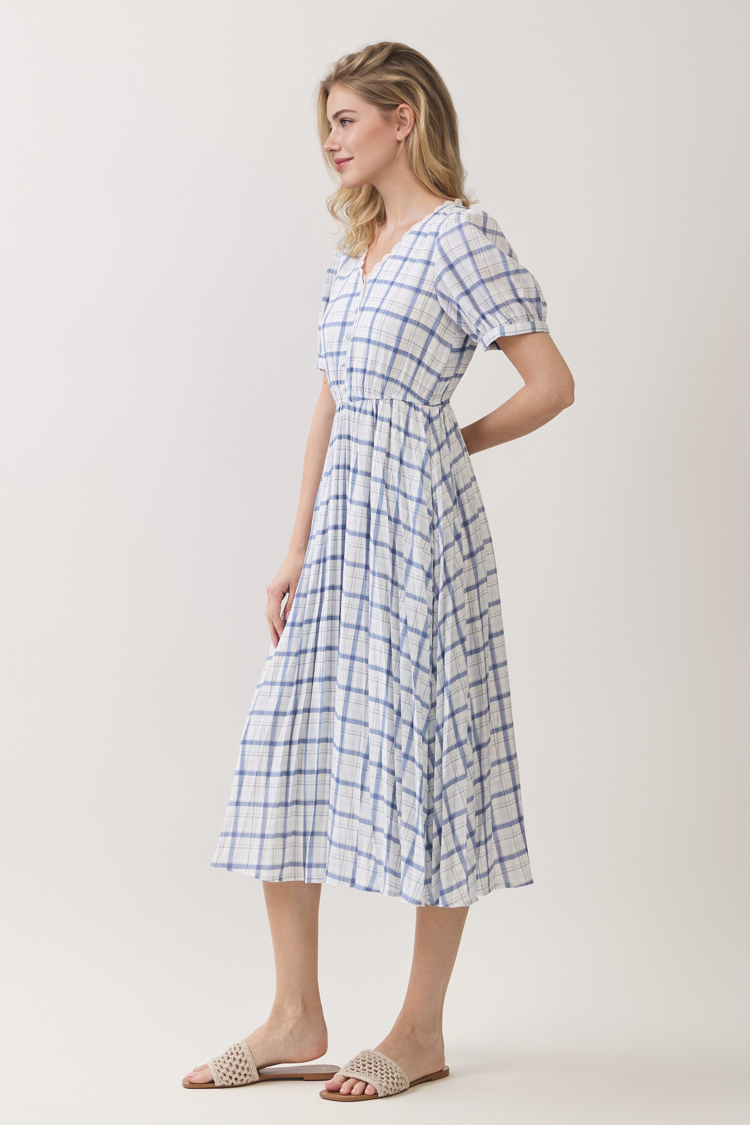 Plaid Scallop Trim Puff Sleeve Midi Dress