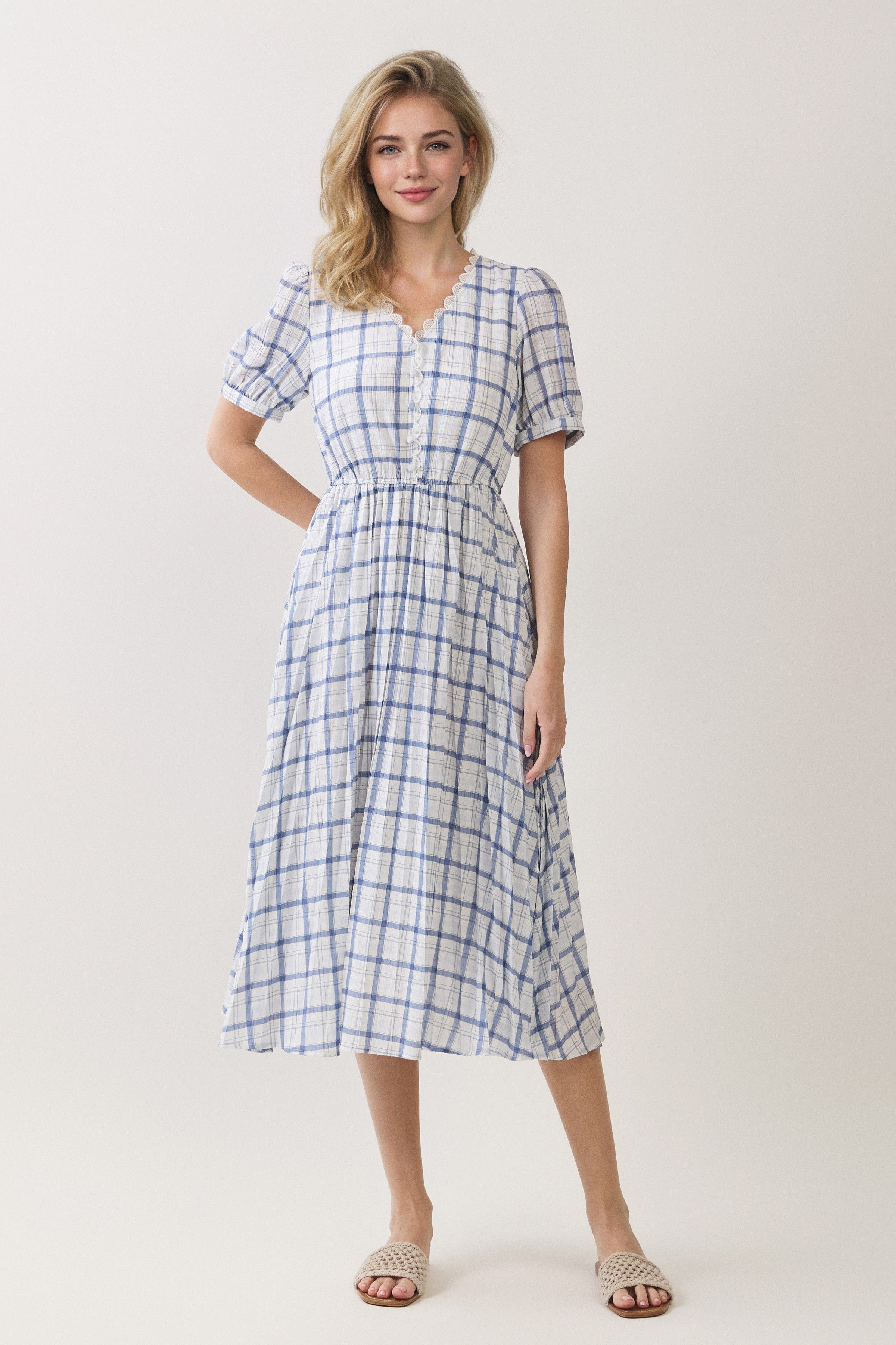 Plaid Scallop Trim Puff Sleeve Midi Dress