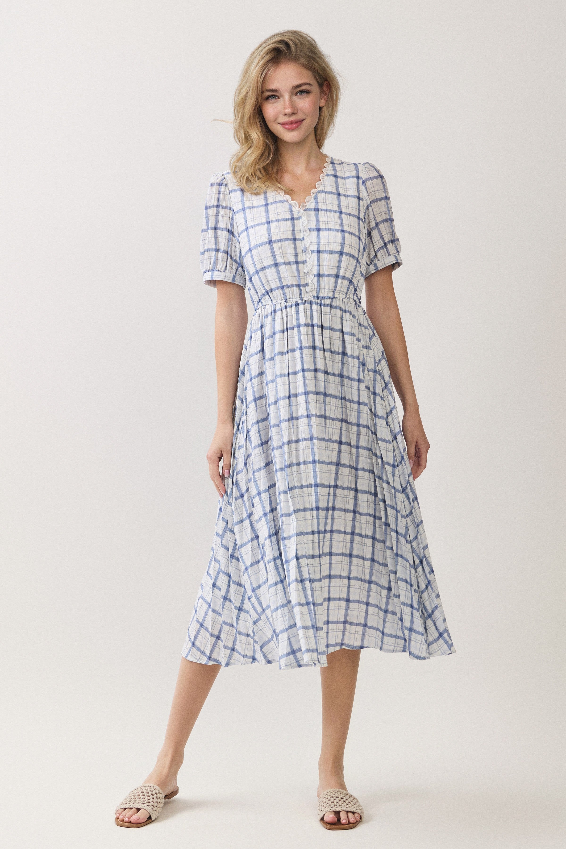 Plaid Scallop Trim Puff Sleeve Midi Dress