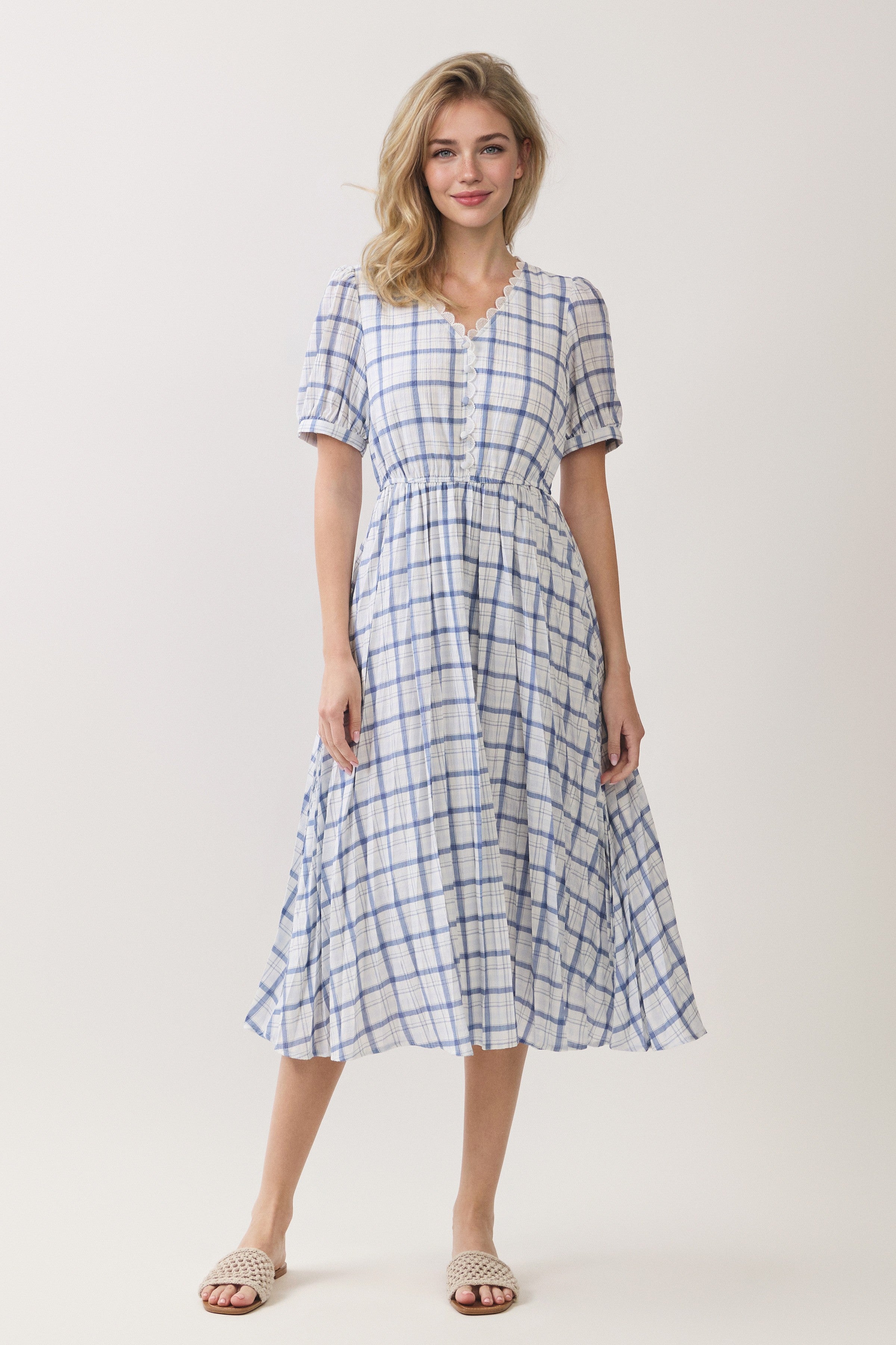 Plaid Scallop Trim Puff Sleeve Midi Dress