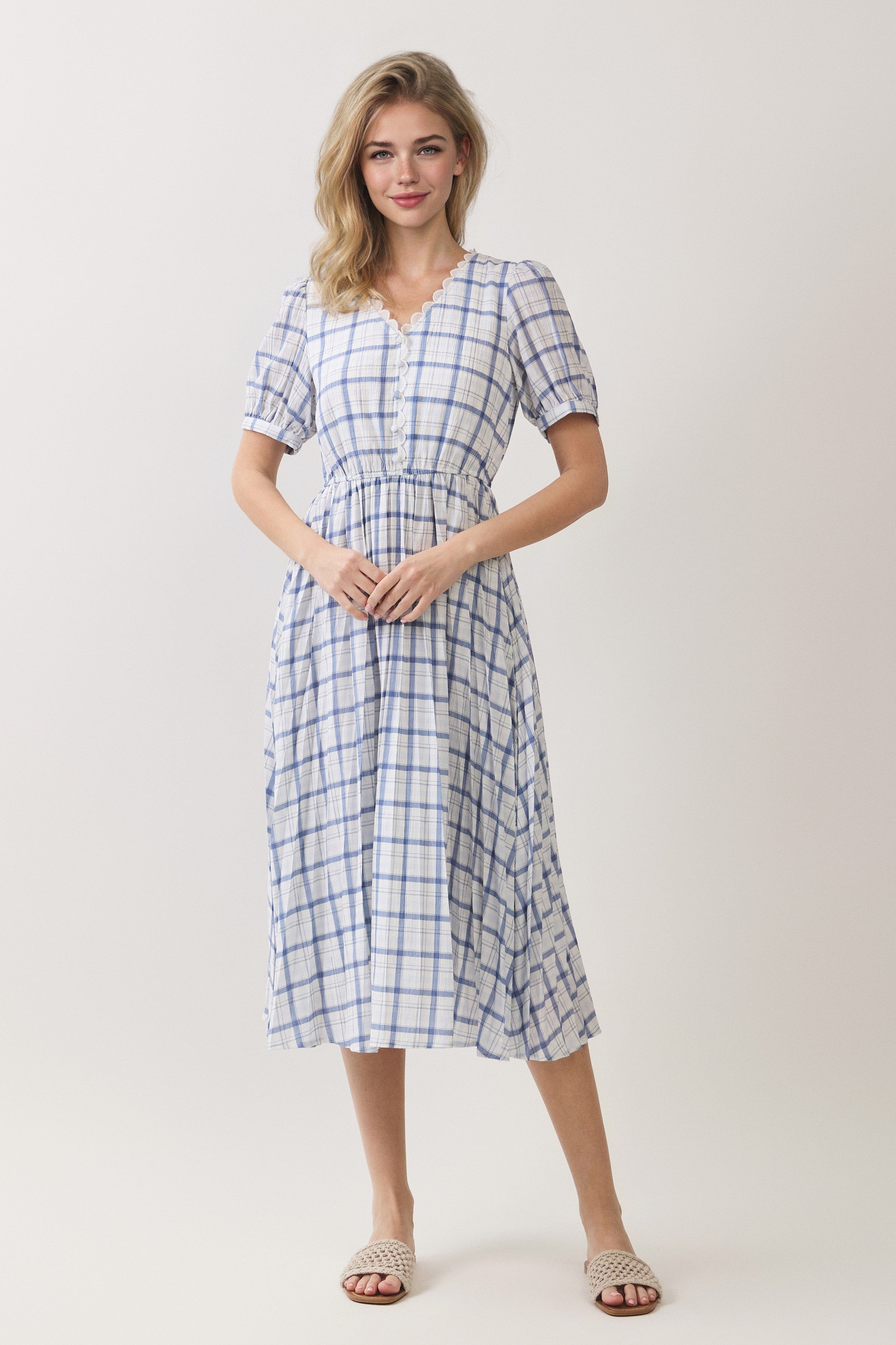 Plaid Scallop Trim Puff Sleeve Midi Dress