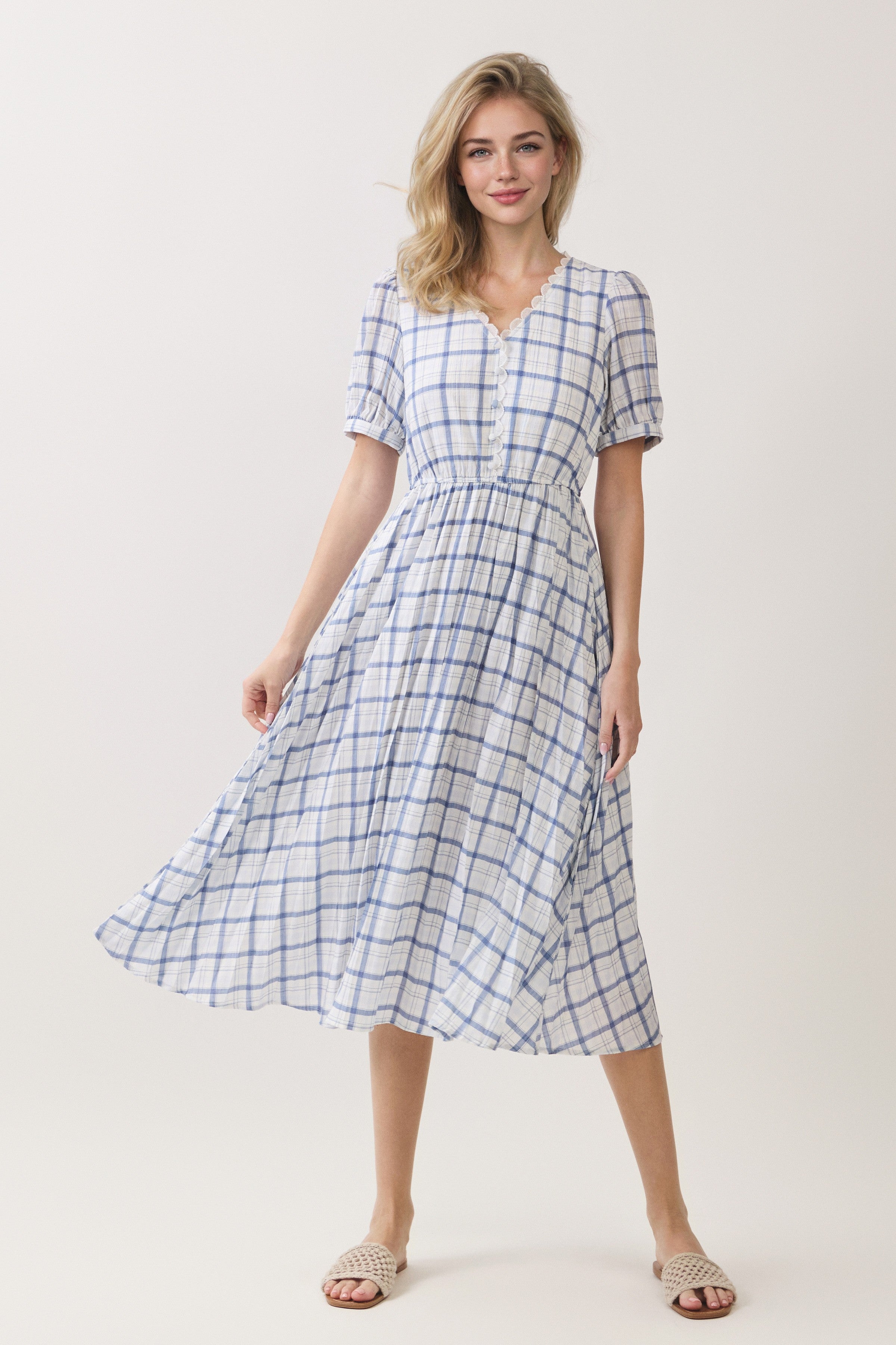 Plaid Scallop Trim Puff Sleeve Midi Dress