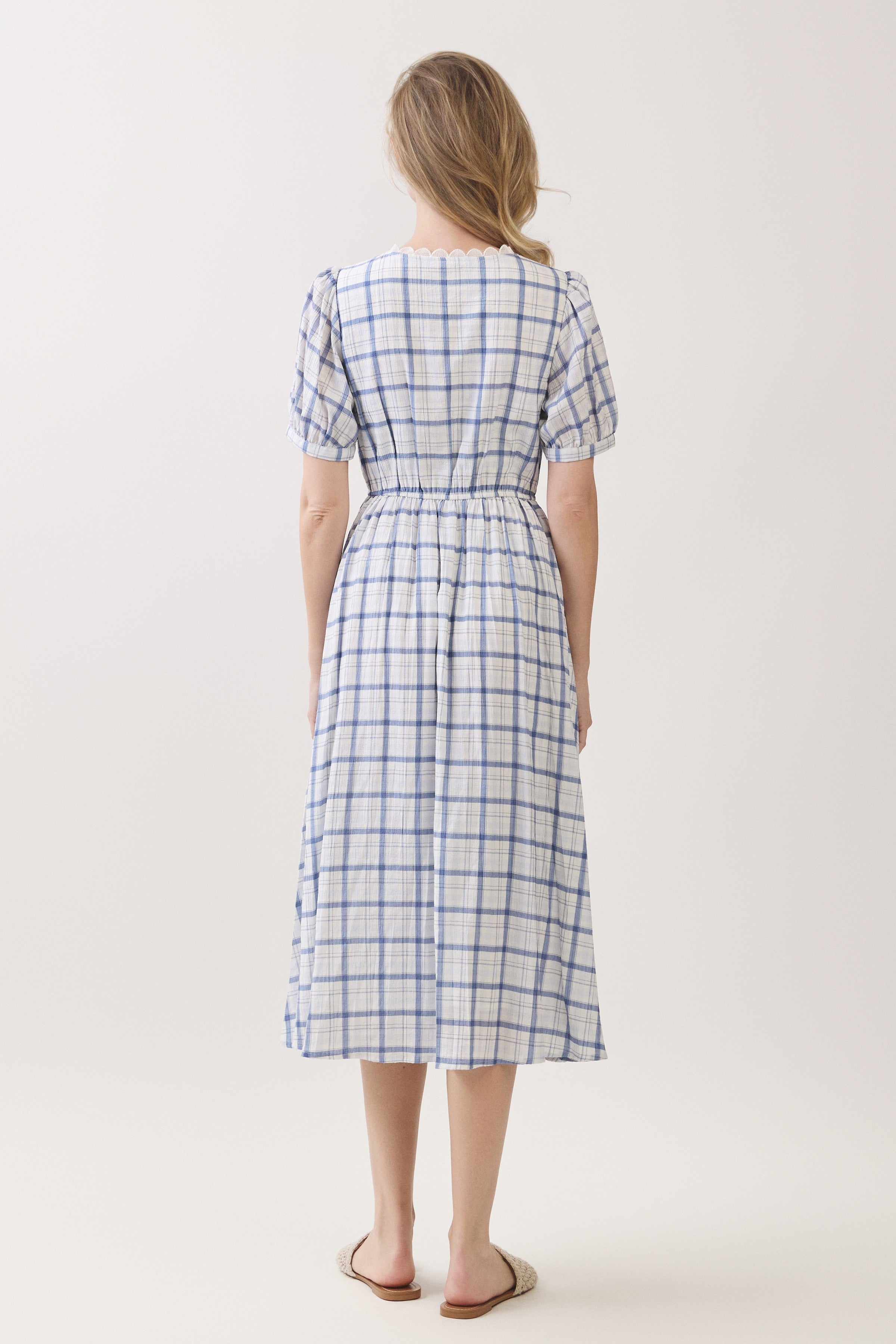 Plaid Scallop Trim Puff Sleeve Midi Dress
