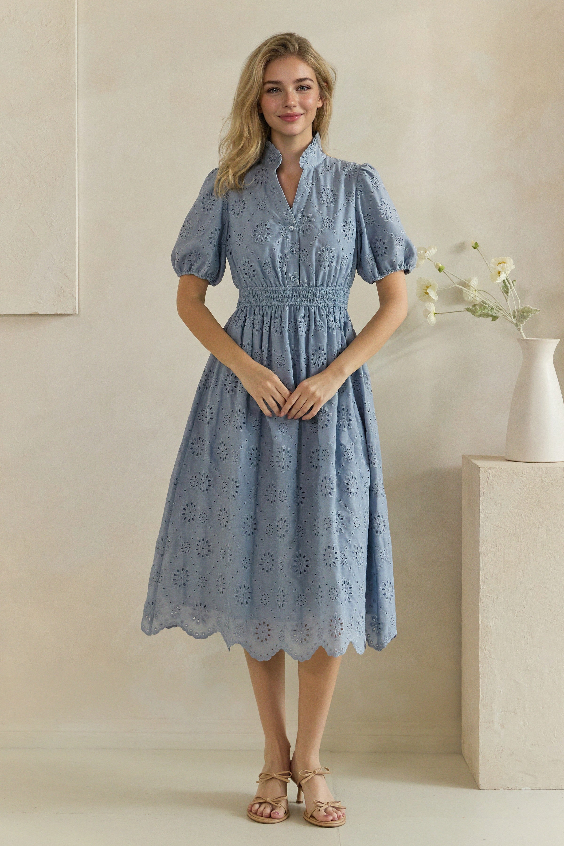Floral Eyelet Smocked Waist Midi Dress