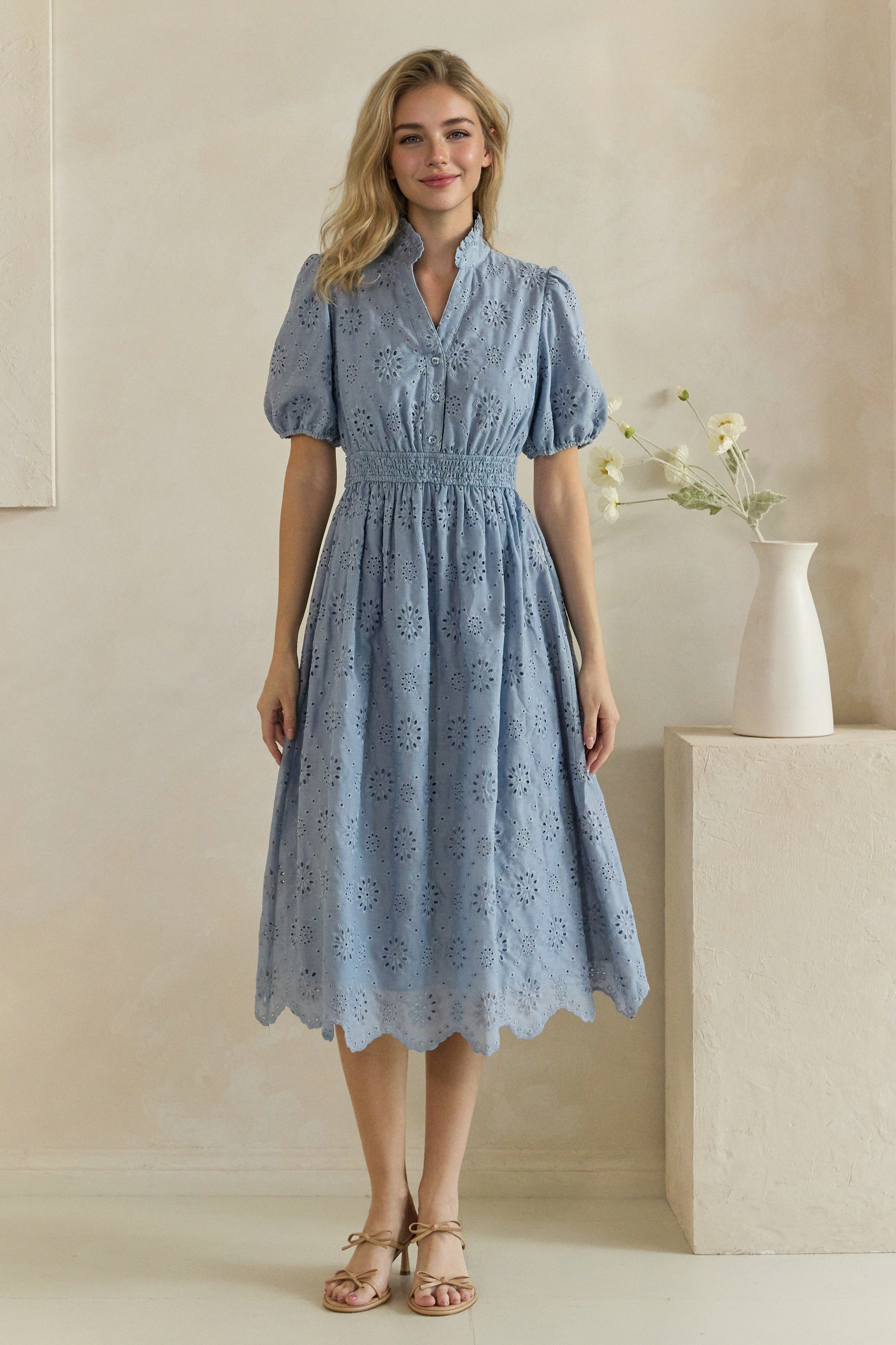 Floral Eyelet Smocked Waist Midi Dress