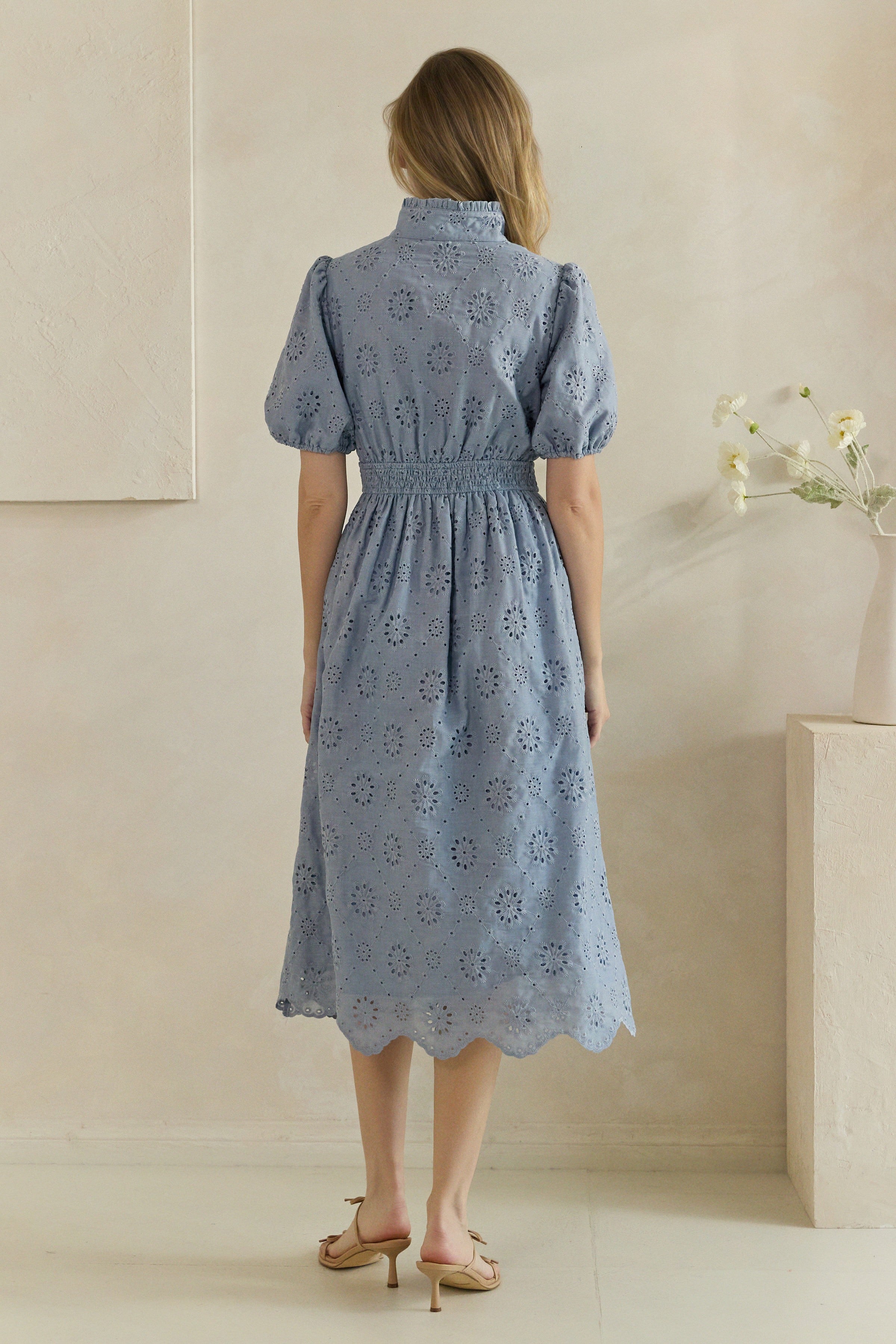 Floral Eyelet Smocked Waist Midi Dress