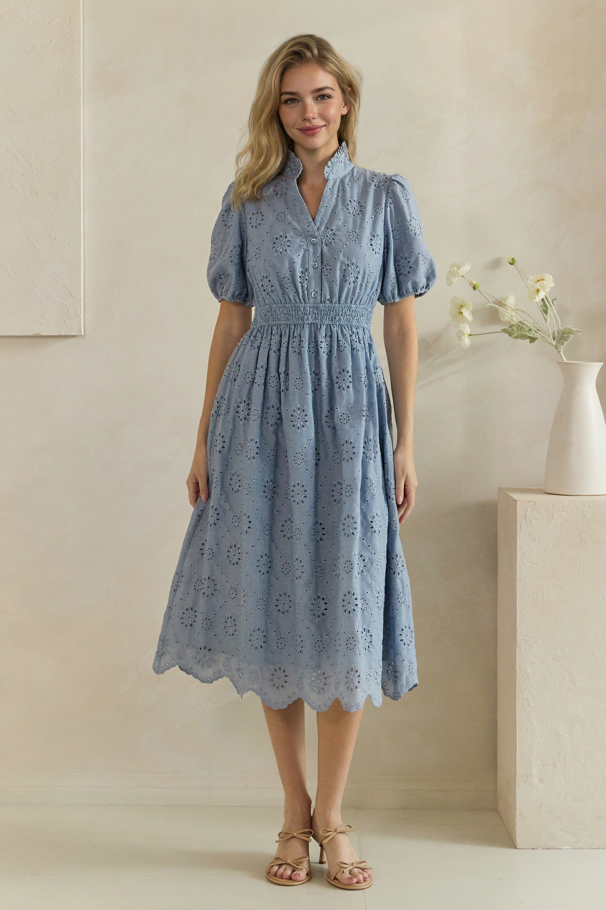 Floral Eyelet Smocked Waist Midi Dress