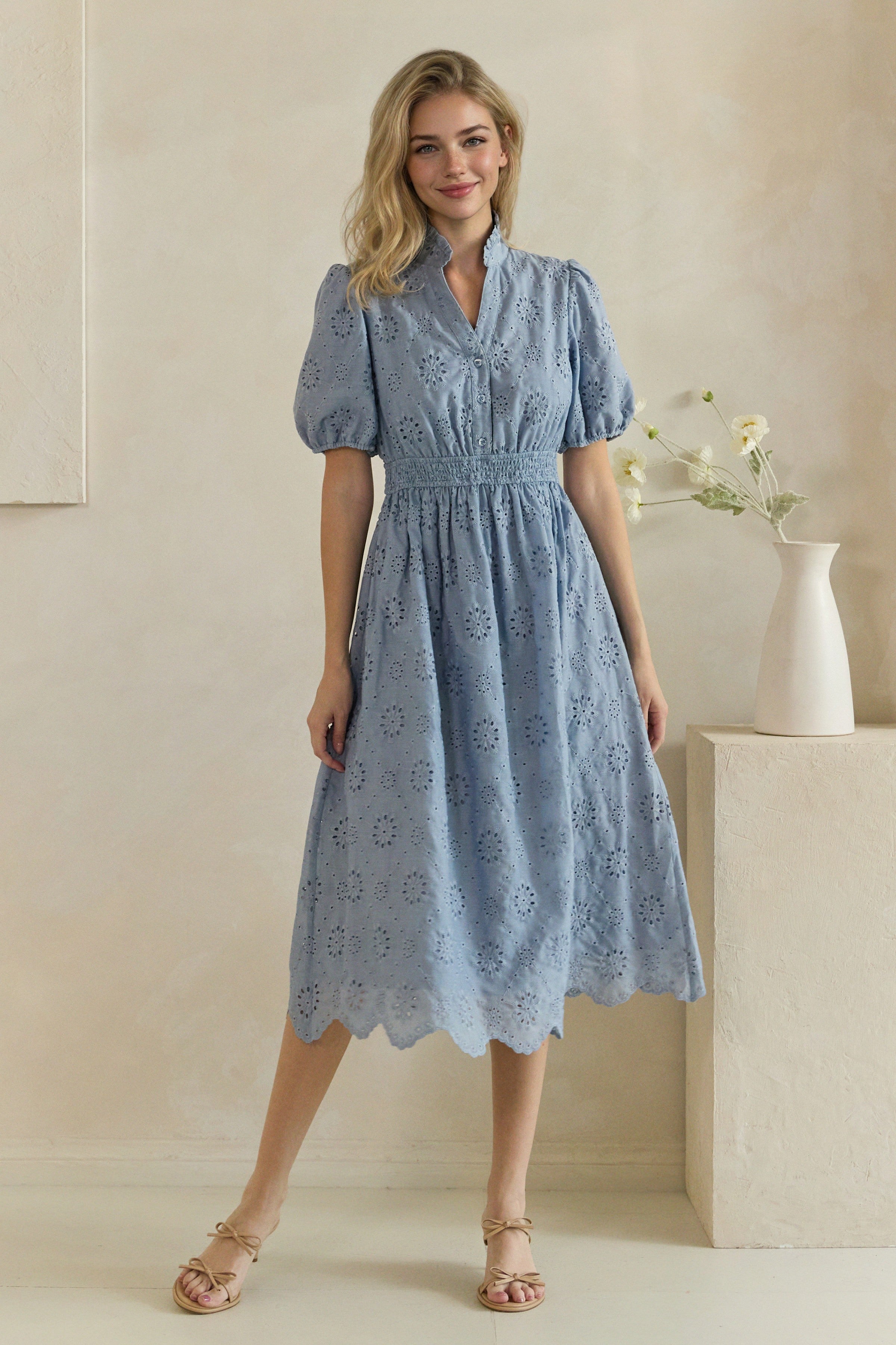 Floral Eyelet Smocked Waist Midi Dress