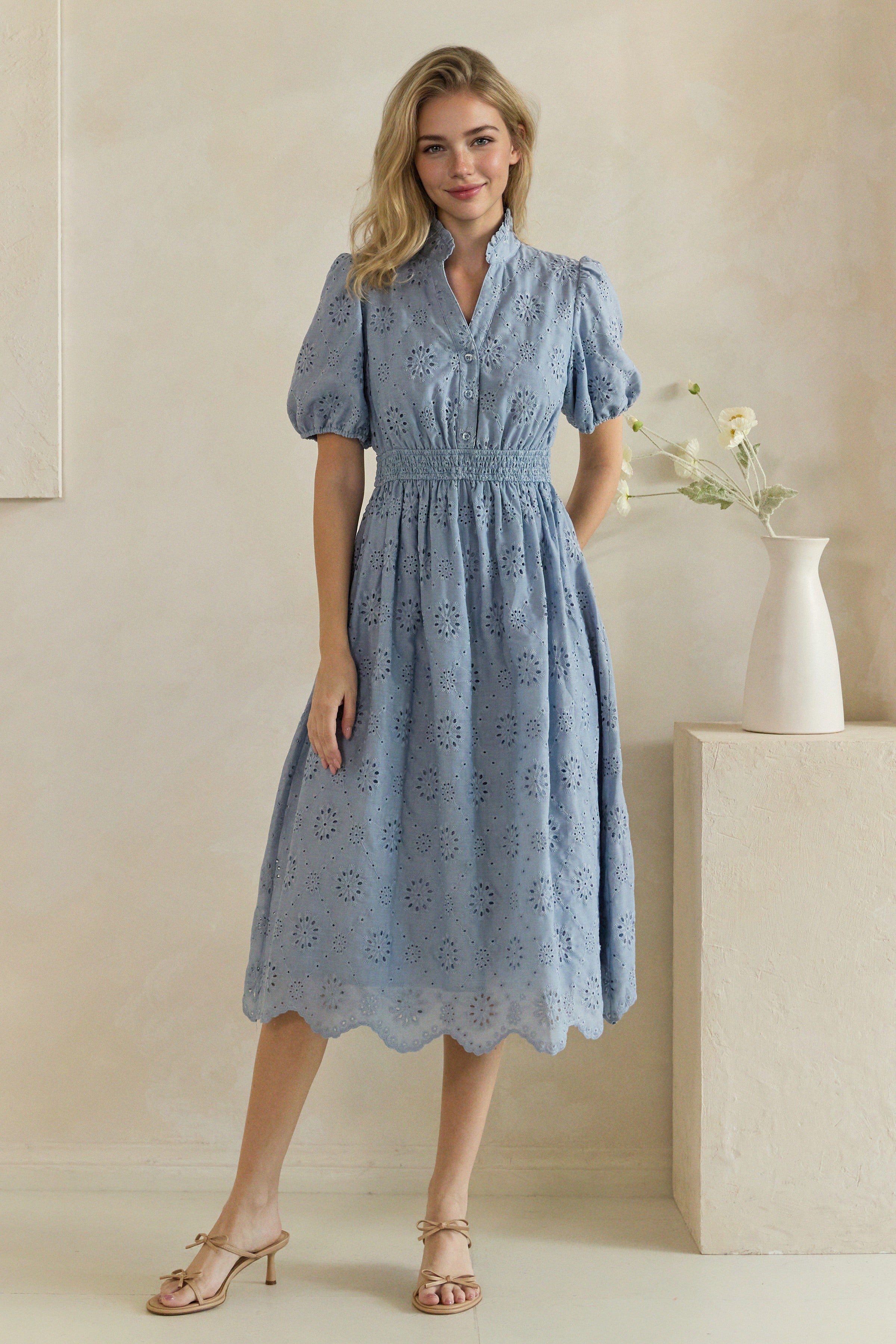 Floral Eyelet Smocked Waist Midi Dress