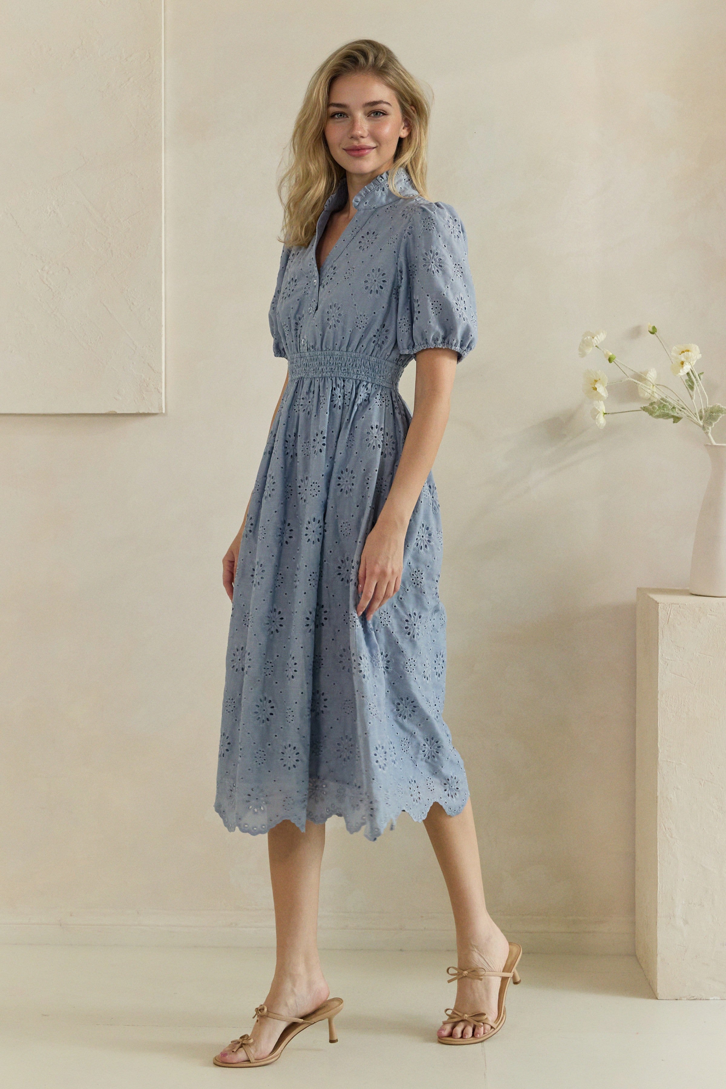 Floral Eyelet Smocked Waist Midi Dress