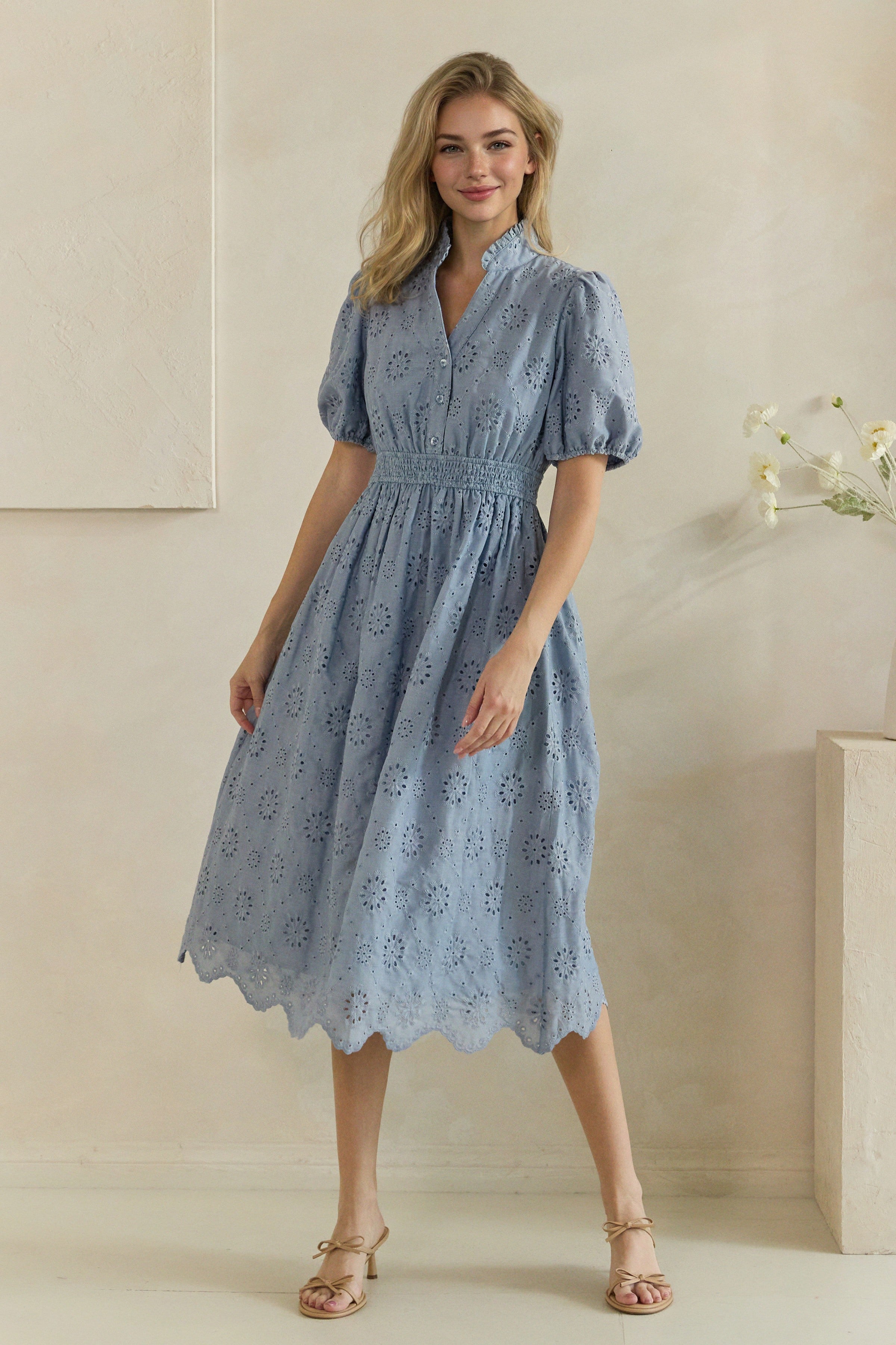 Floral Eyelet Smocked Waist Midi Dress