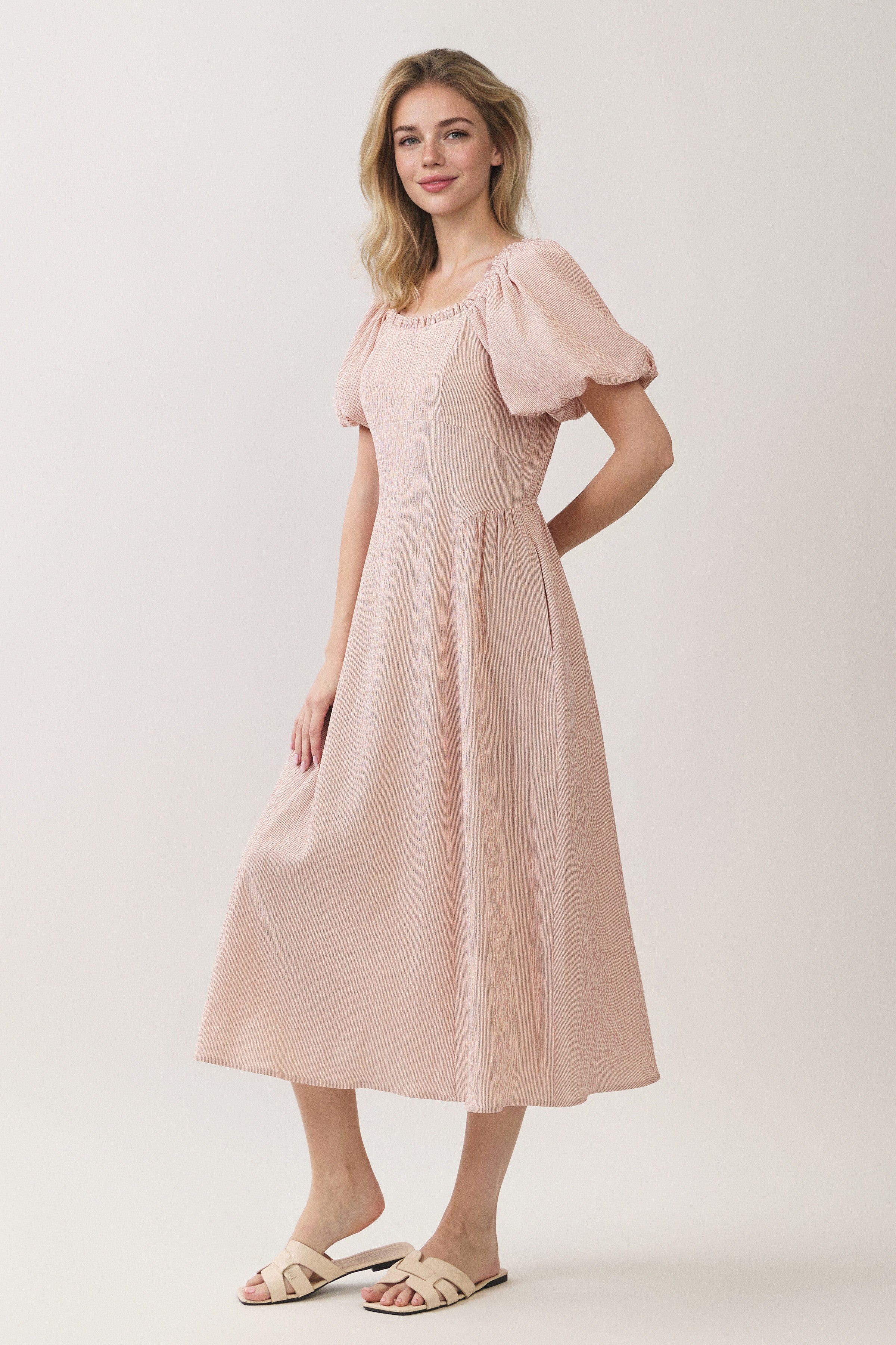 Ruffle Neck Puff Sleeve Textured Midi Dress