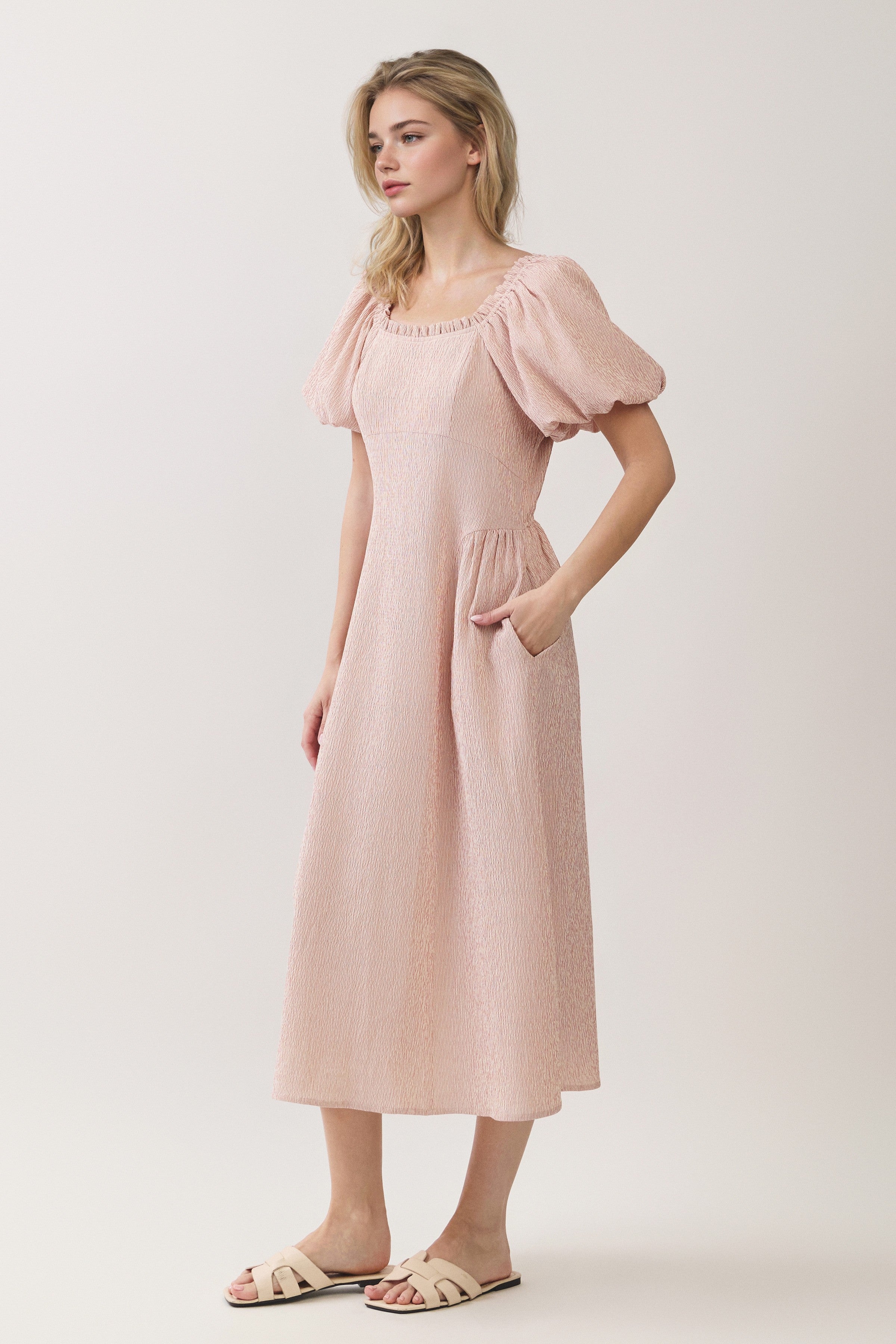 Ruffle Neck Puff Sleeve Textured Midi Dress