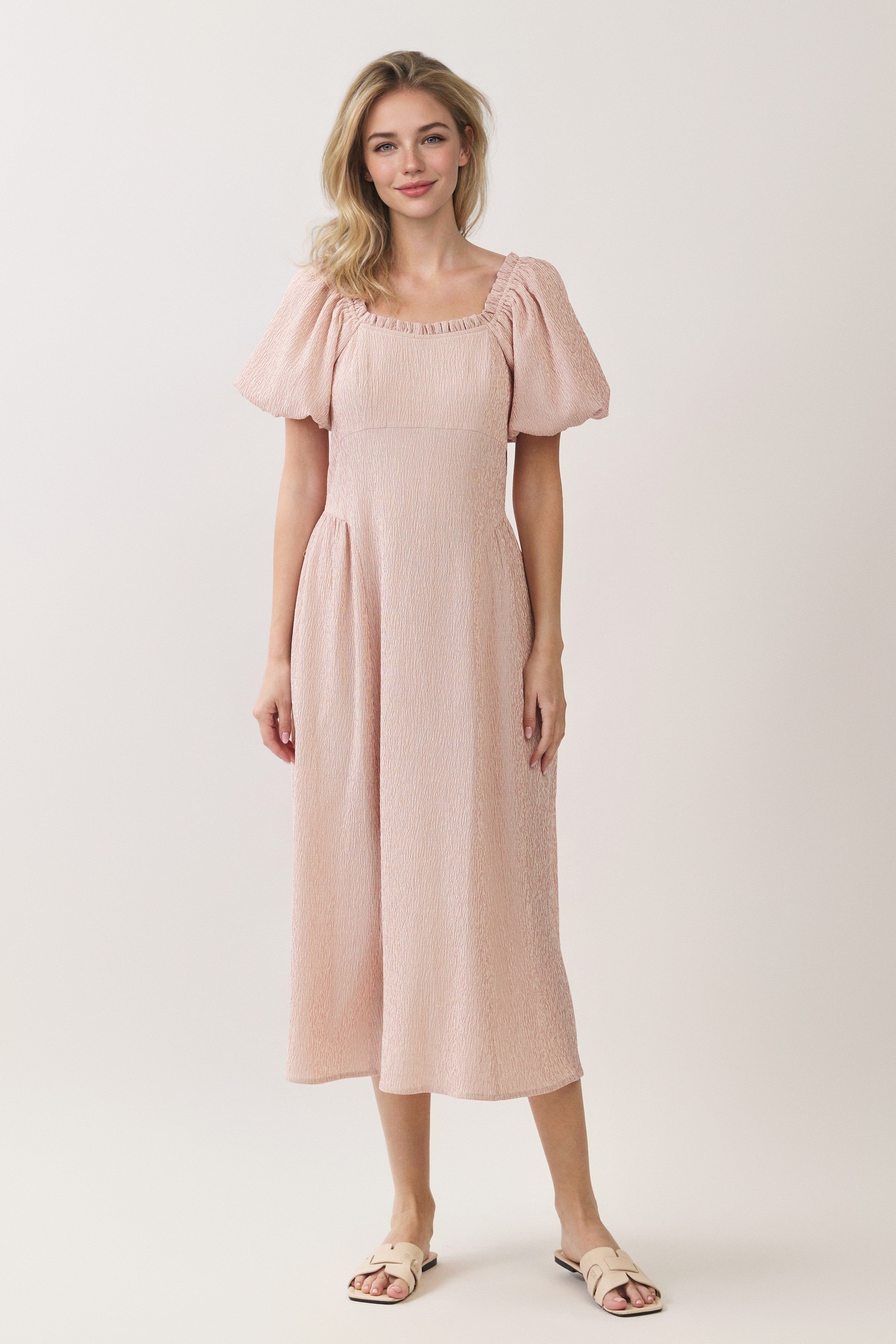 Ruffle Neck Puff Sleeve Textured Midi Dress