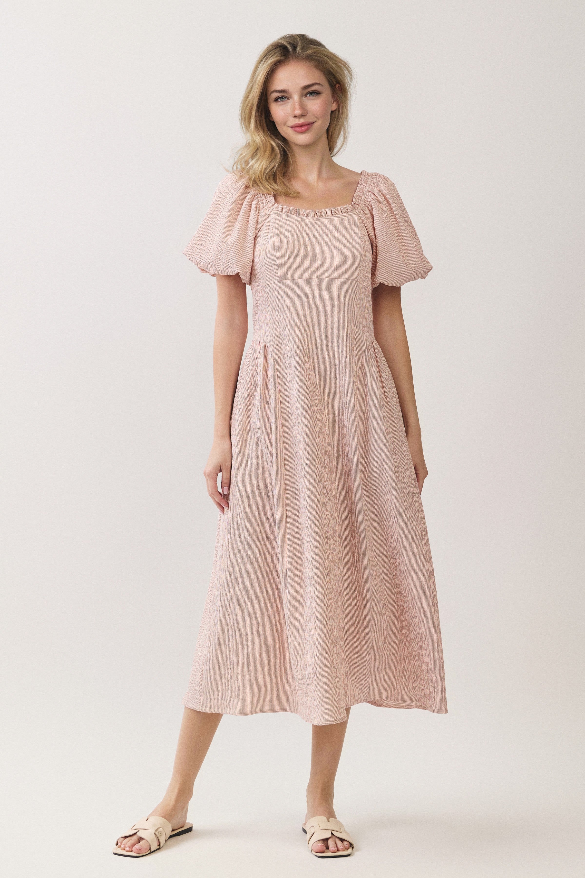 Ruffle Neck Puff Sleeve Textured Midi Dress