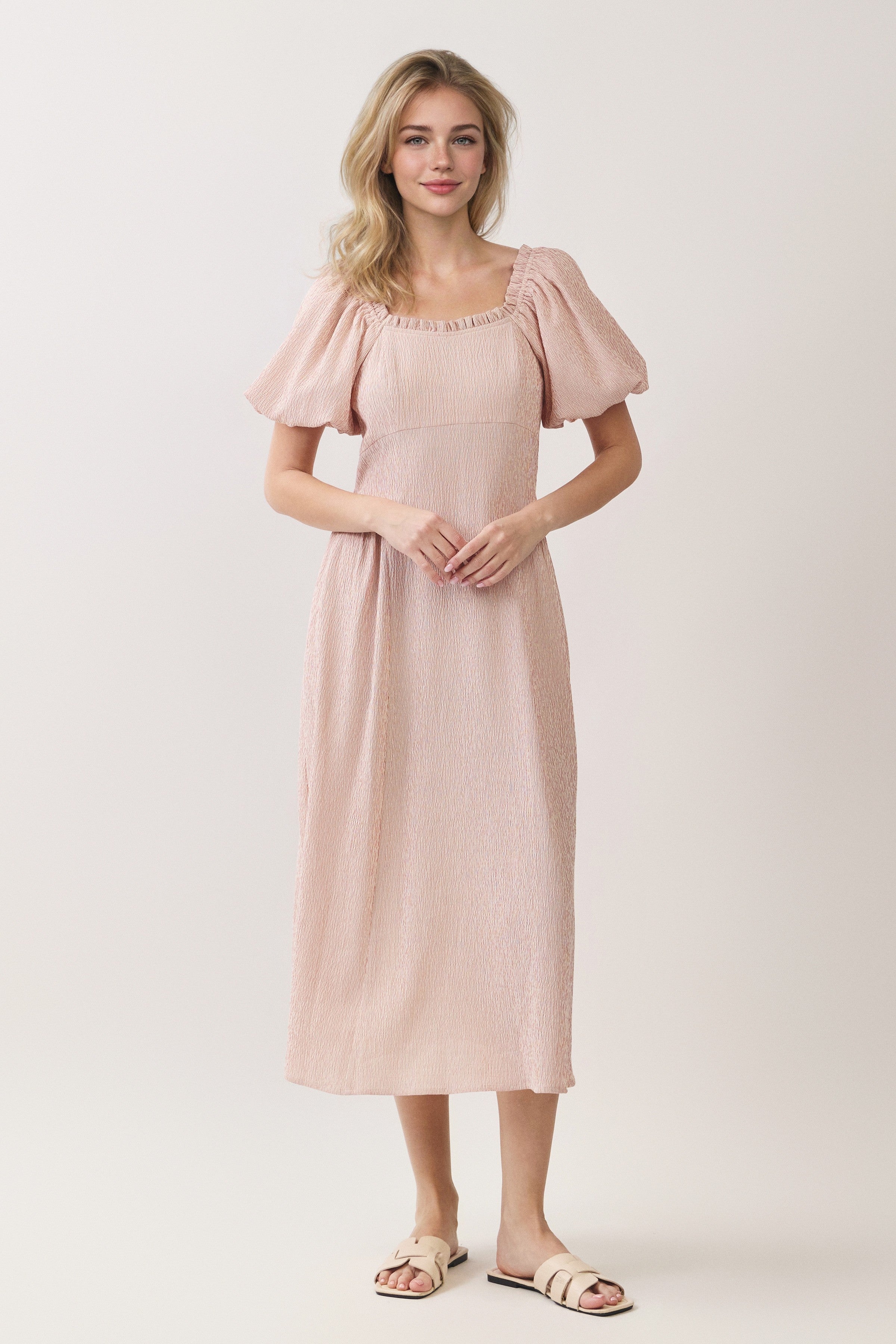 Ruffle Neck Puff Sleeve Textured Midi Dress