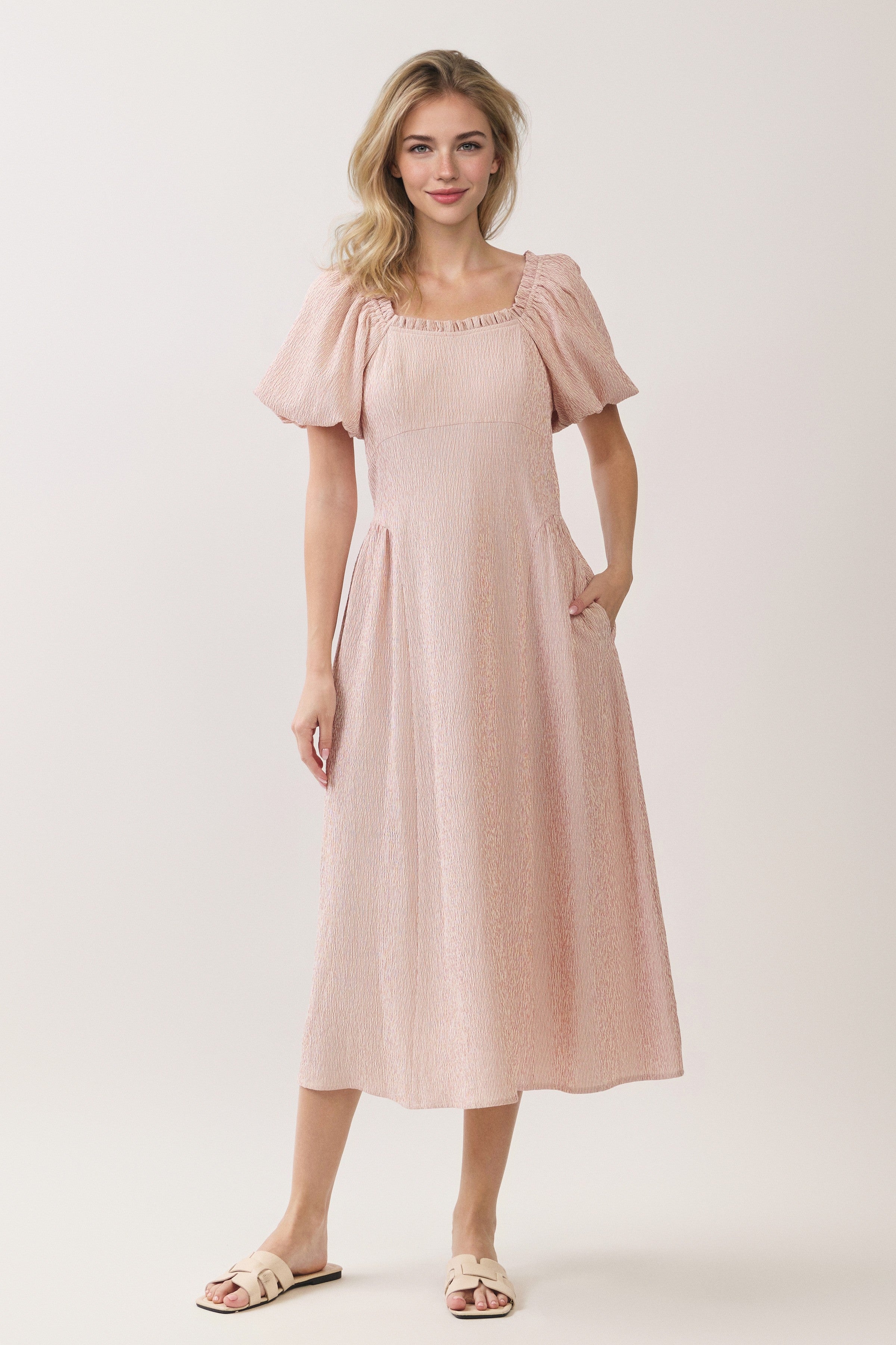 Ruffle Neck Puff Sleeve Textured Midi Dress