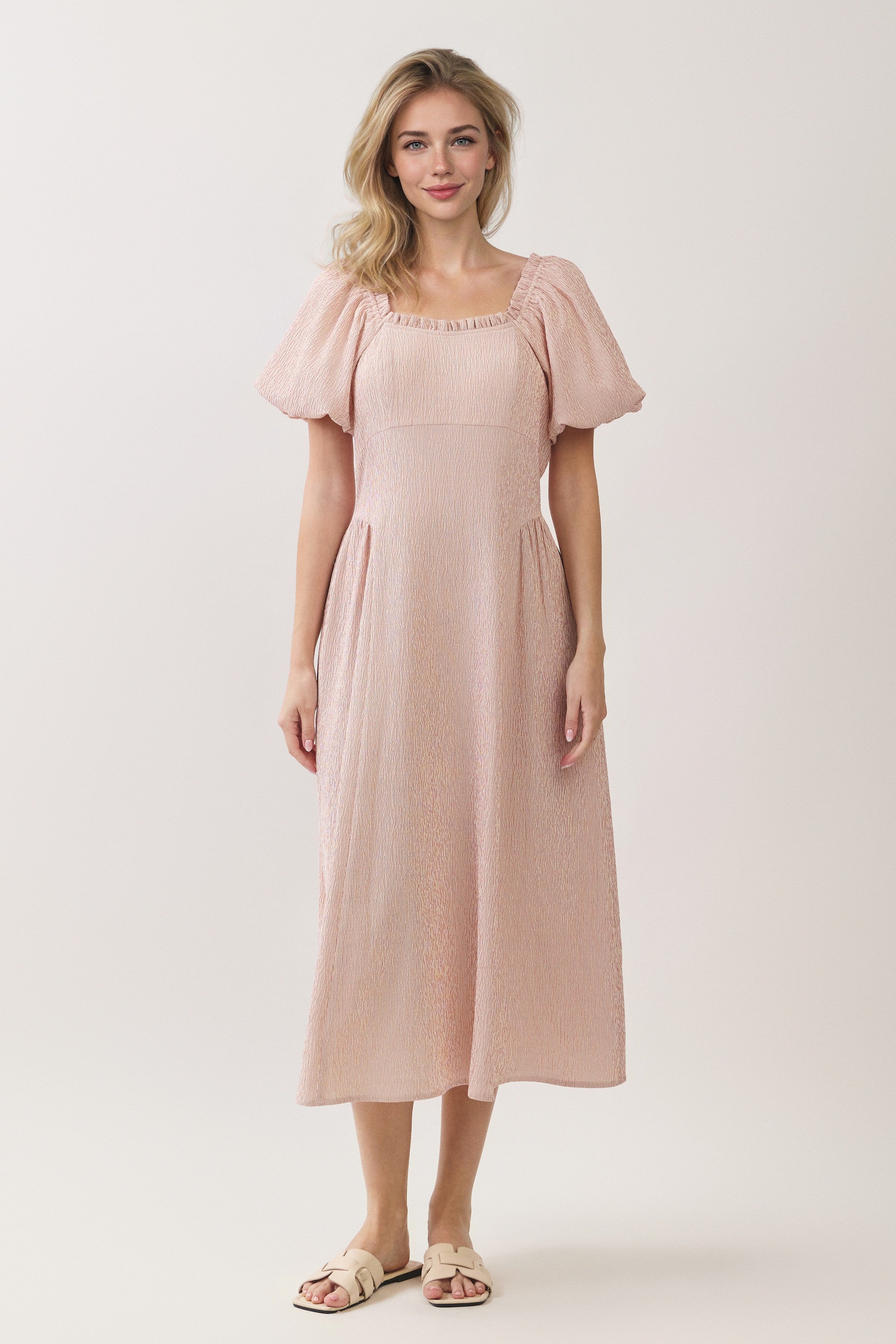 Ruffle Neck Puff Sleeve Textured Midi Dress