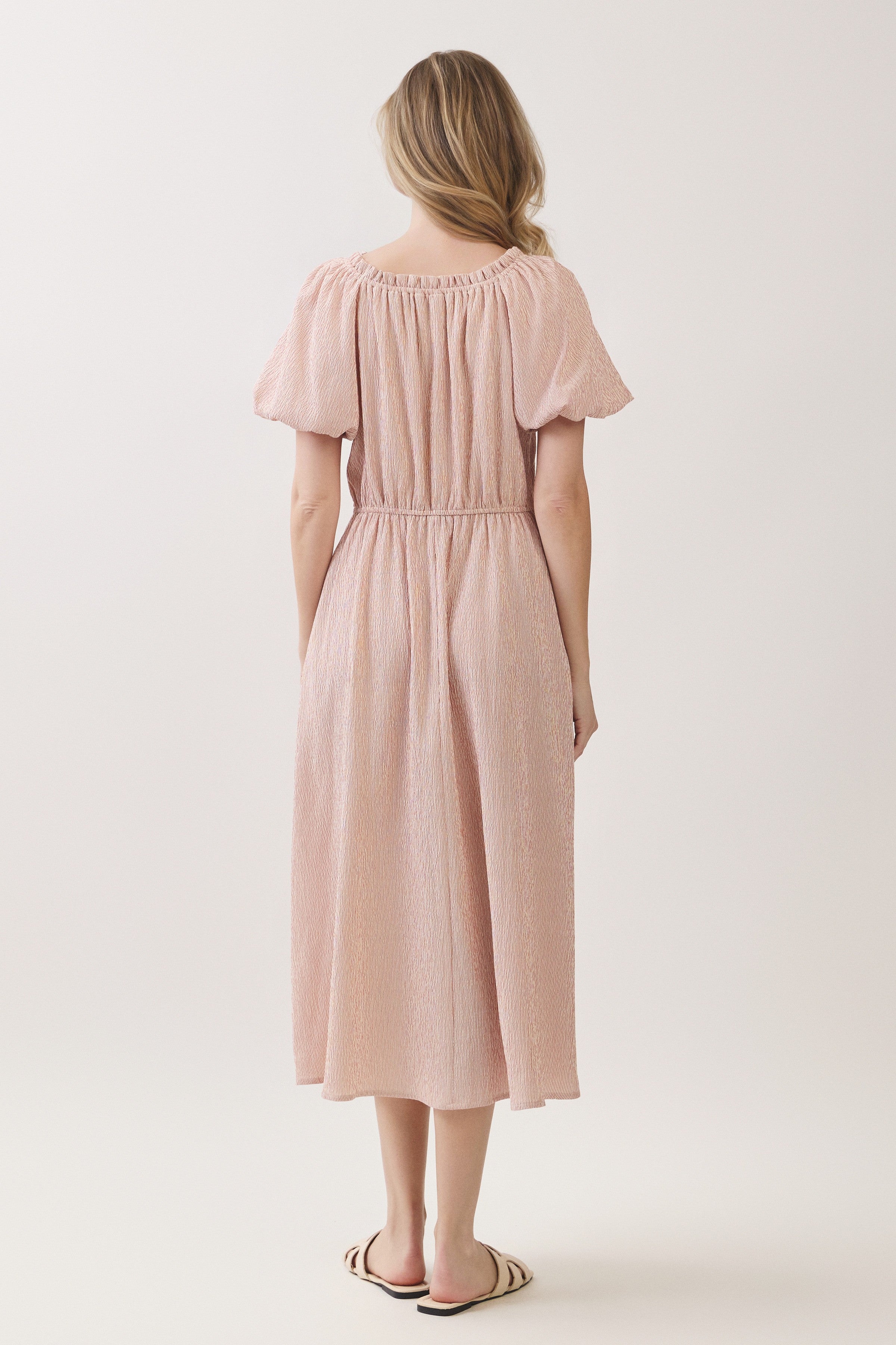 Ruffle Neck Puff Sleeve Textured Midi Dress
