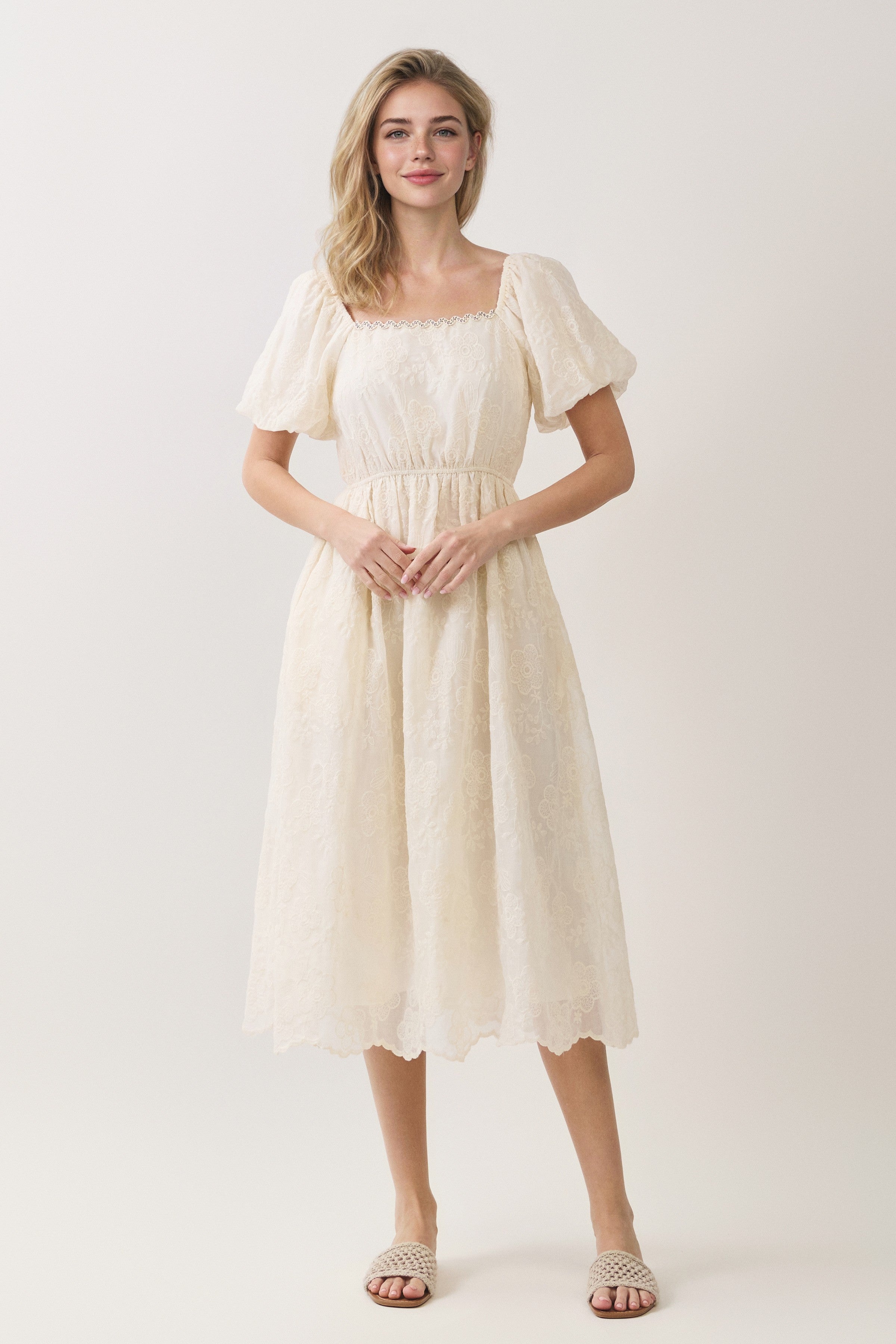 Floral Embroidered Square Neck Puff Sleeve Midi Dress