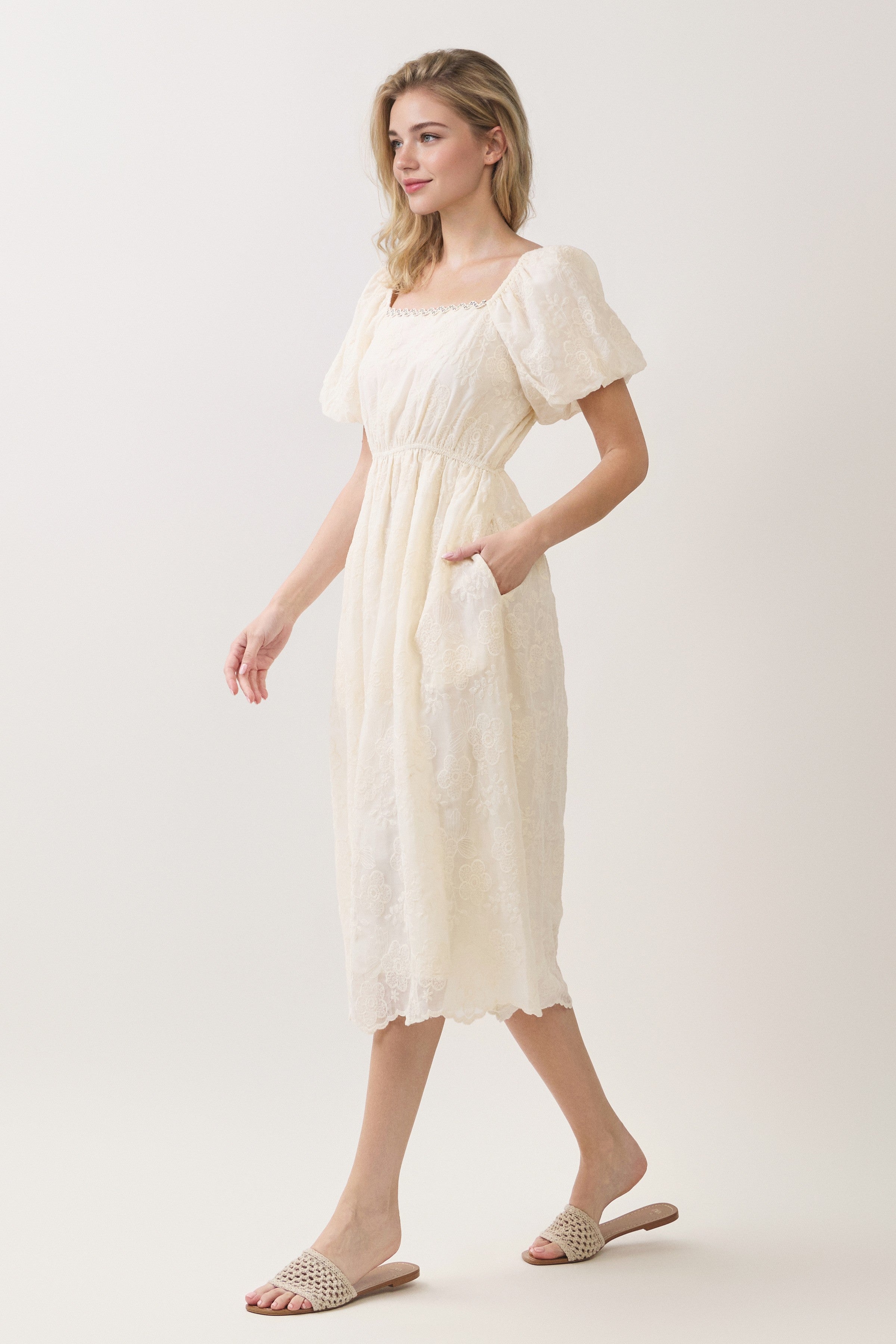 Floral Embroidered Square Neck Puff Sleeve Midi Dress