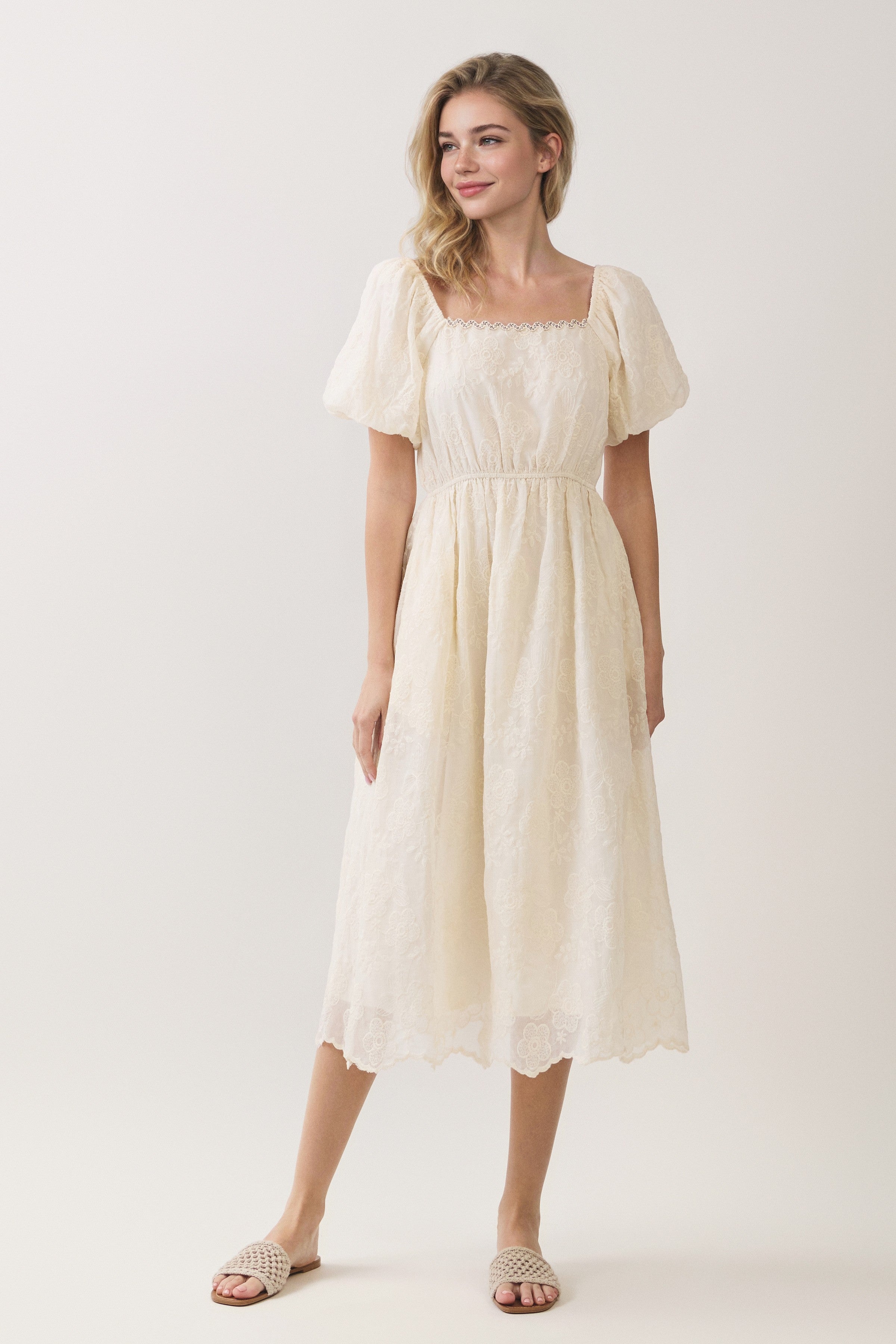Floral Embroidered Square Neck Puff Sleeve Midi Dress