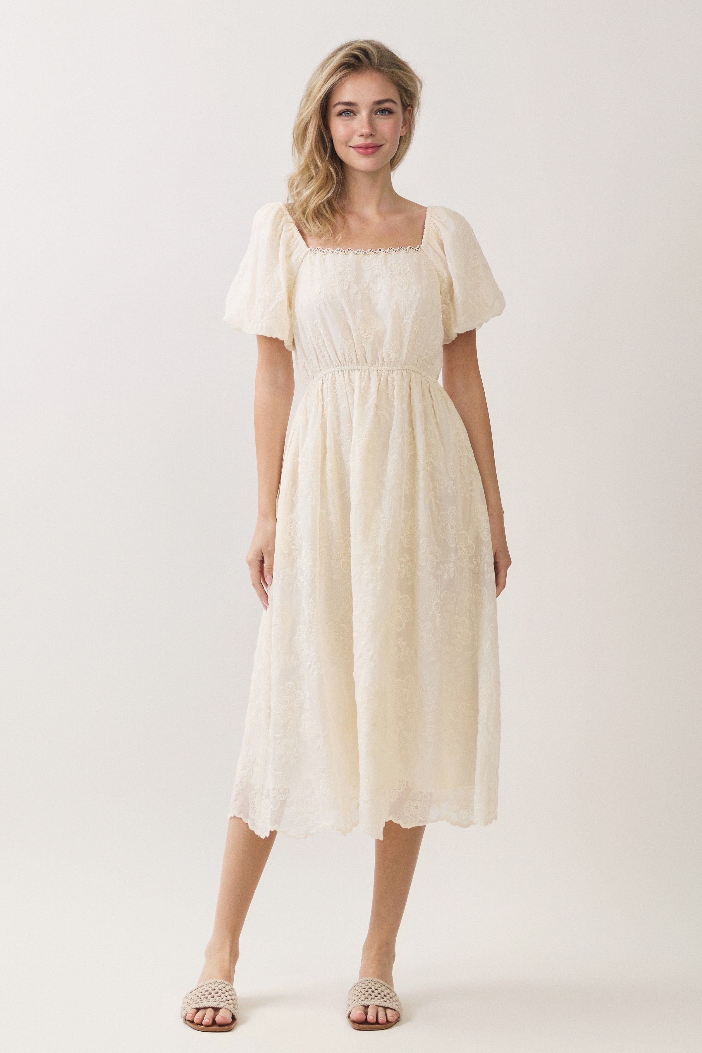 Floral Embroidered Square Neck Puff Sleeve Midi Dress