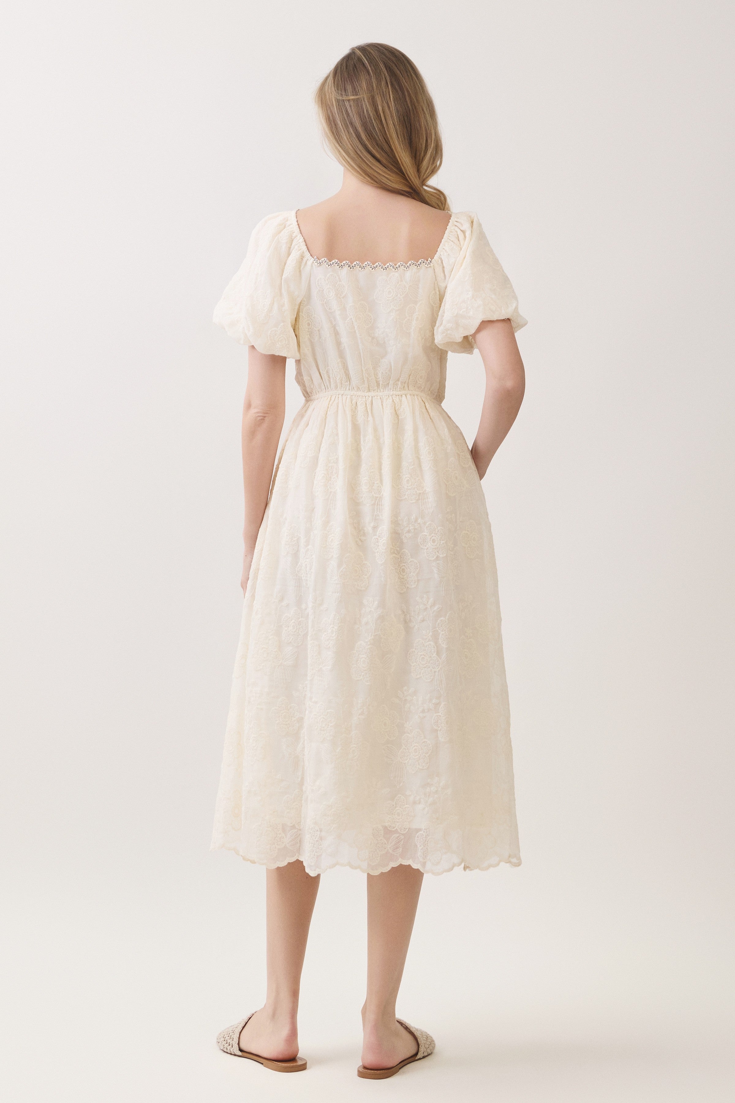 Floral Embroidered Square Neck Puff Sleeve Midi Dress