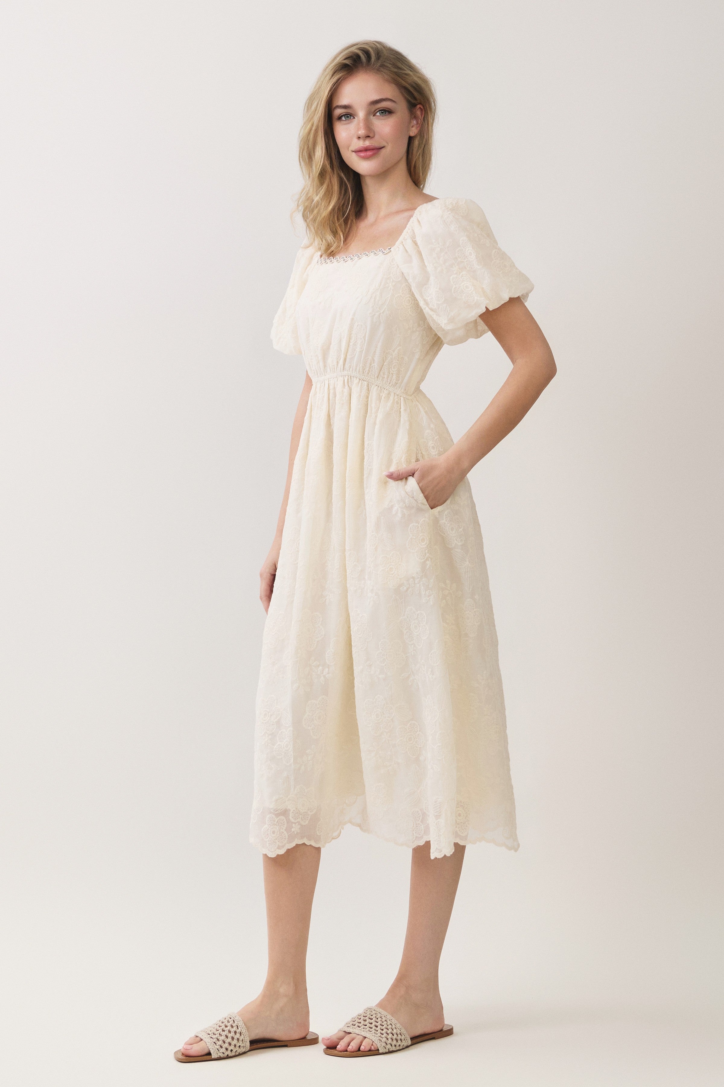 Floral Embroidered Square Neck Puff Sleeve Midi Dress
