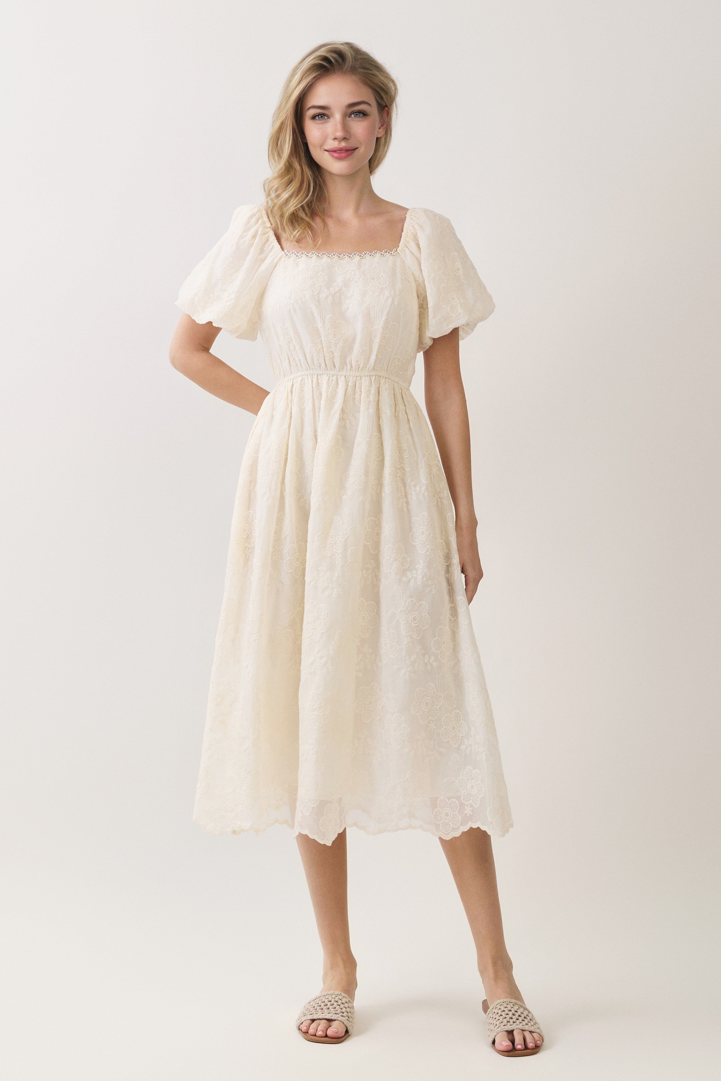 Floral Embroidered Square Neck Puff Sleeve Midi Dress