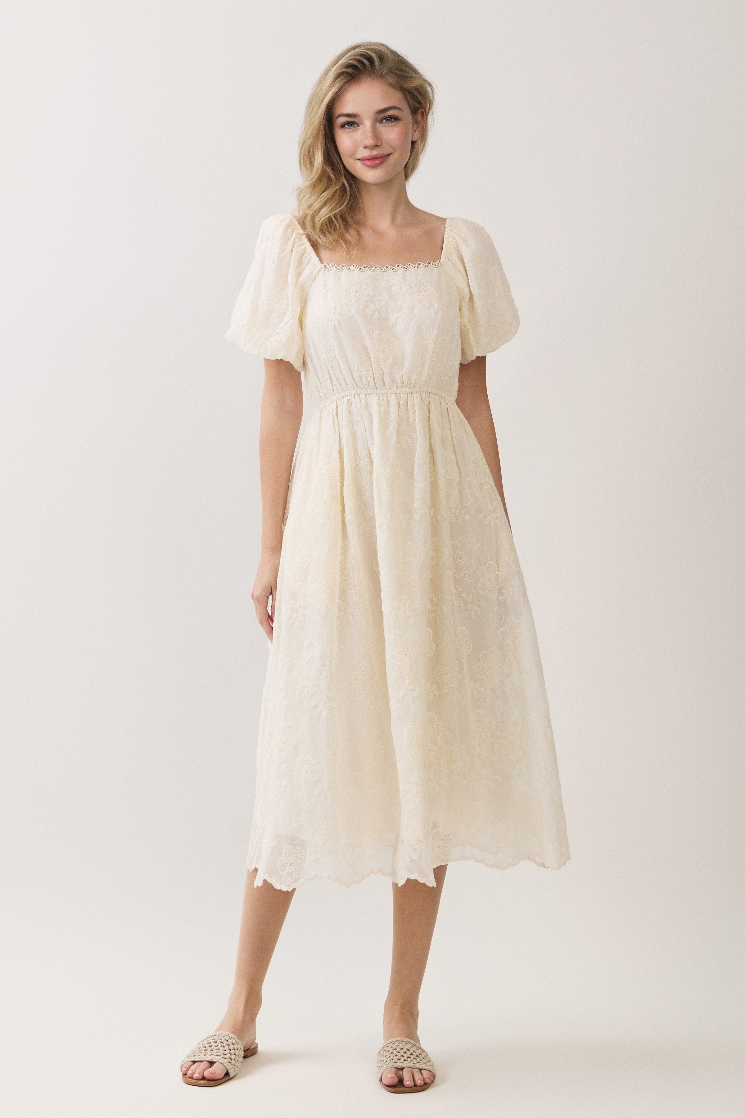 Floral Embroidered Square Neck Puff Sleeve Midi Dress