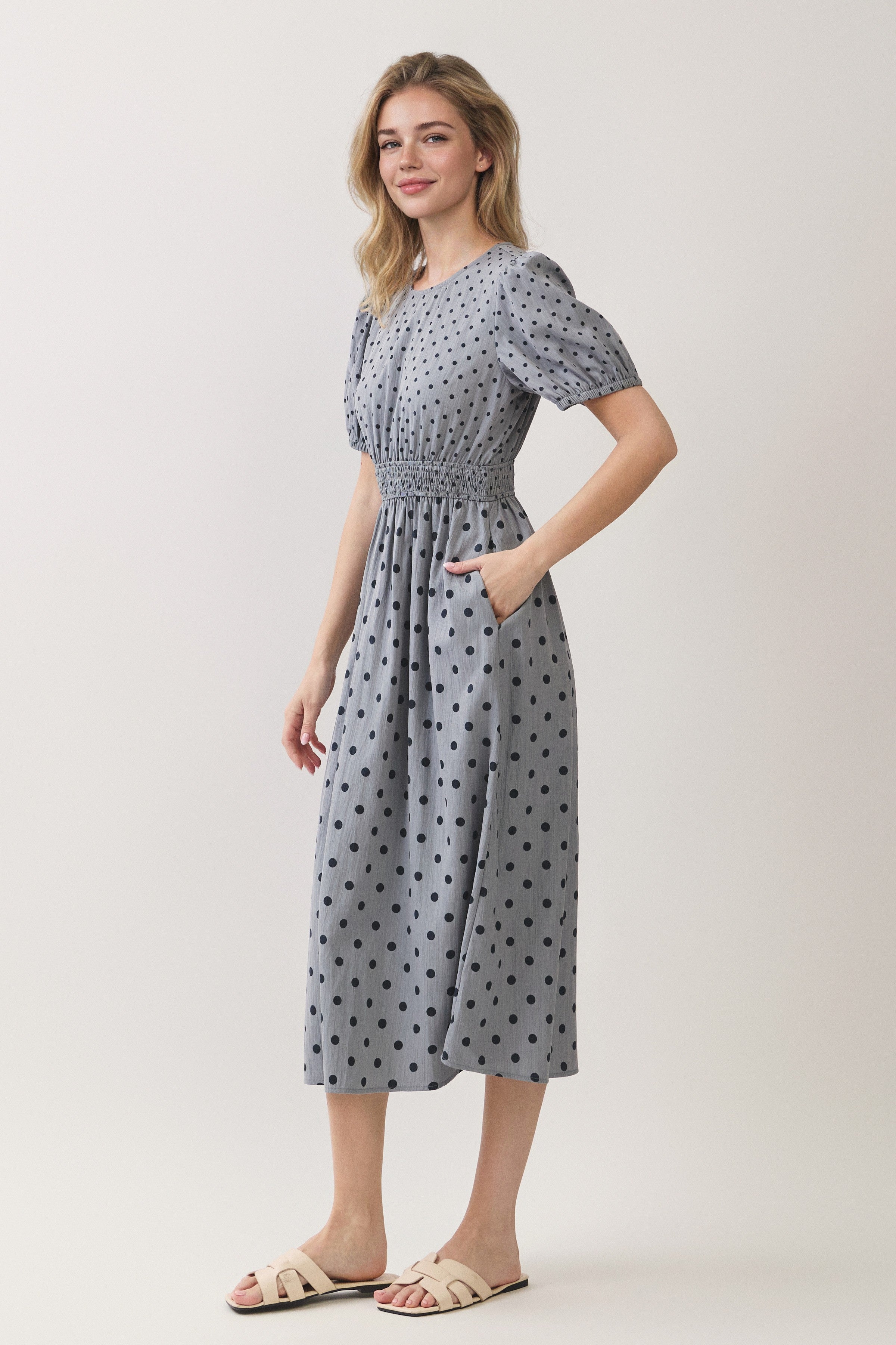 Polka Dot Smocked Waist Puff Sleeve Midi Dress